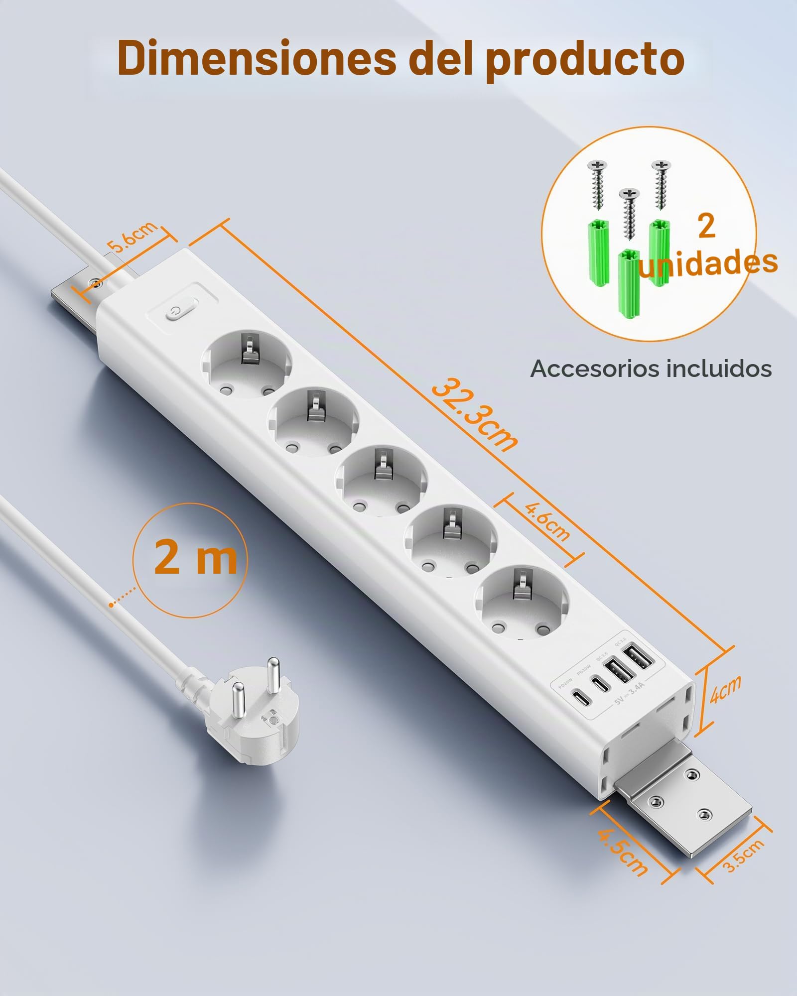 Regleta para Montaje bajo Mesa con protección contra sobretensiones, Enchufe múltiple conmutable Individualmente, 5 enchufes con 2 USB A y 2 Type-C (PD 20 W), Cable de 2 m (Blanco)
