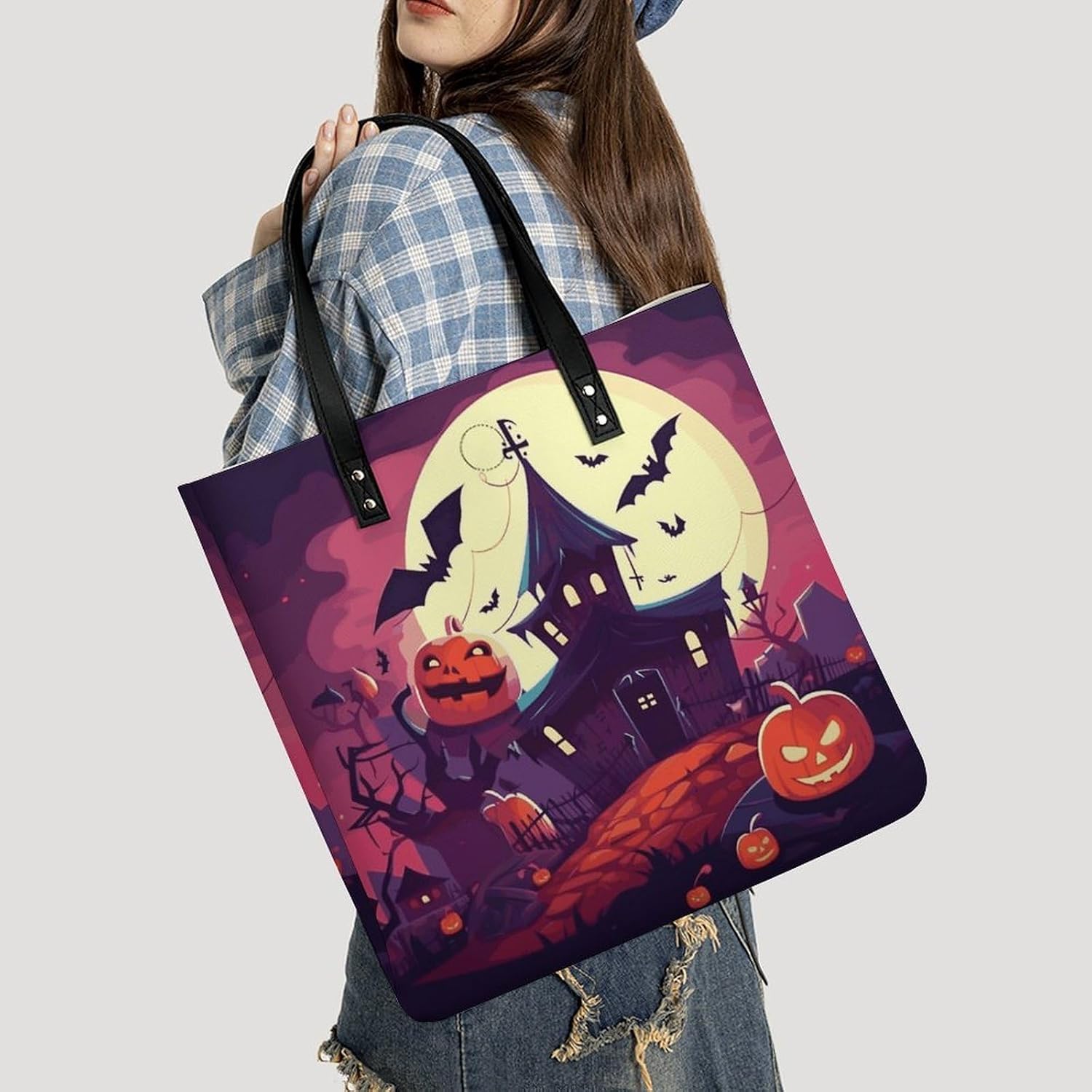 Happy Halloween Tote Bag with Magnetic Buckle Reusable Grocery Bags Lightweight Cross Body Handbag for Daily Essentials