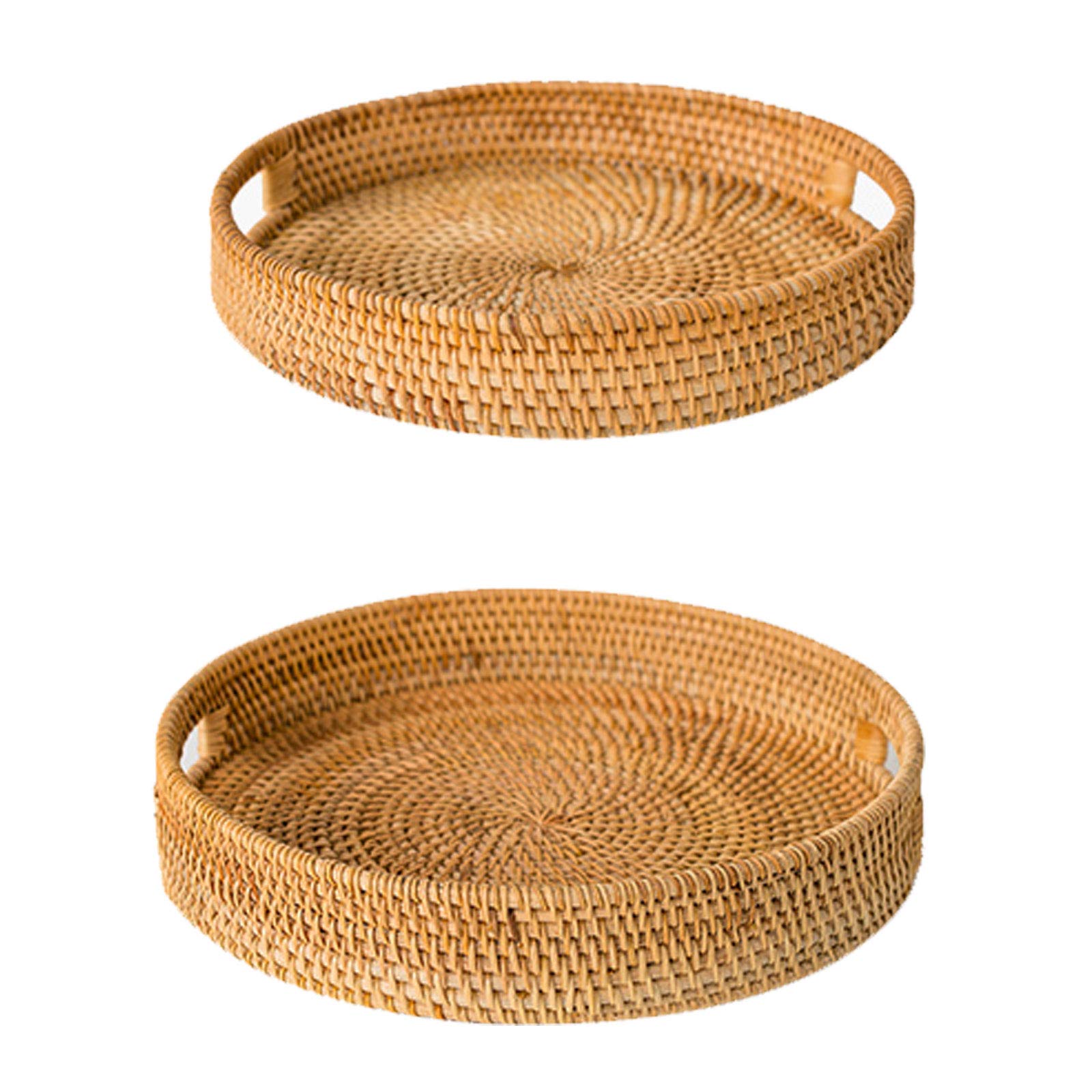 2Pack Handmade Rattan Round Tray with Handles Woven Serving Tray Rattan Bread Basket for Cracker Dinner Parties Coffee Breakfast (Primary Color)