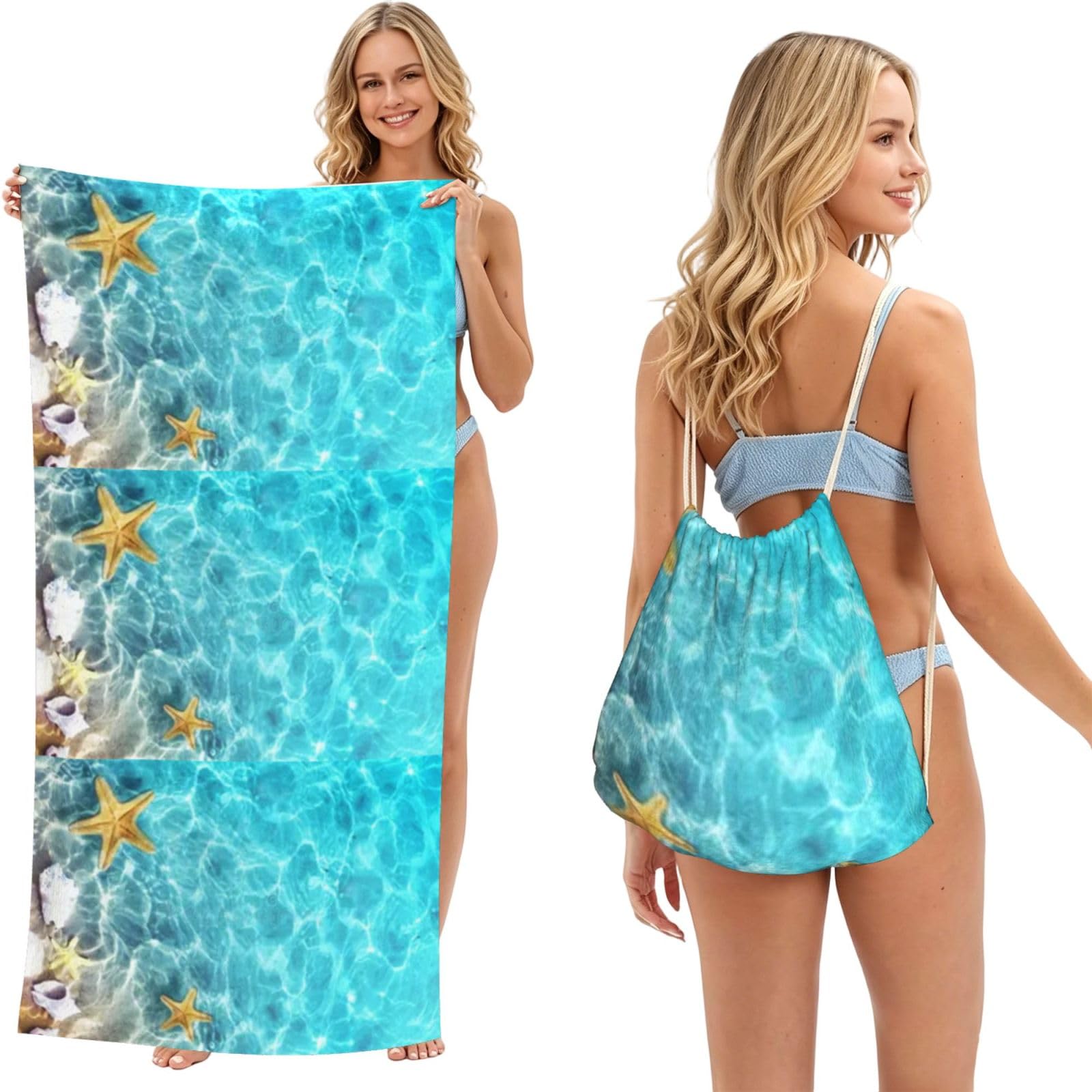 Poadnly As Picture Summer Starfish Shell Beach Sea, 2 In 1 Packable Towel Bag, Beach Towels With Drawstring Backpack For Travel Holiday Camping