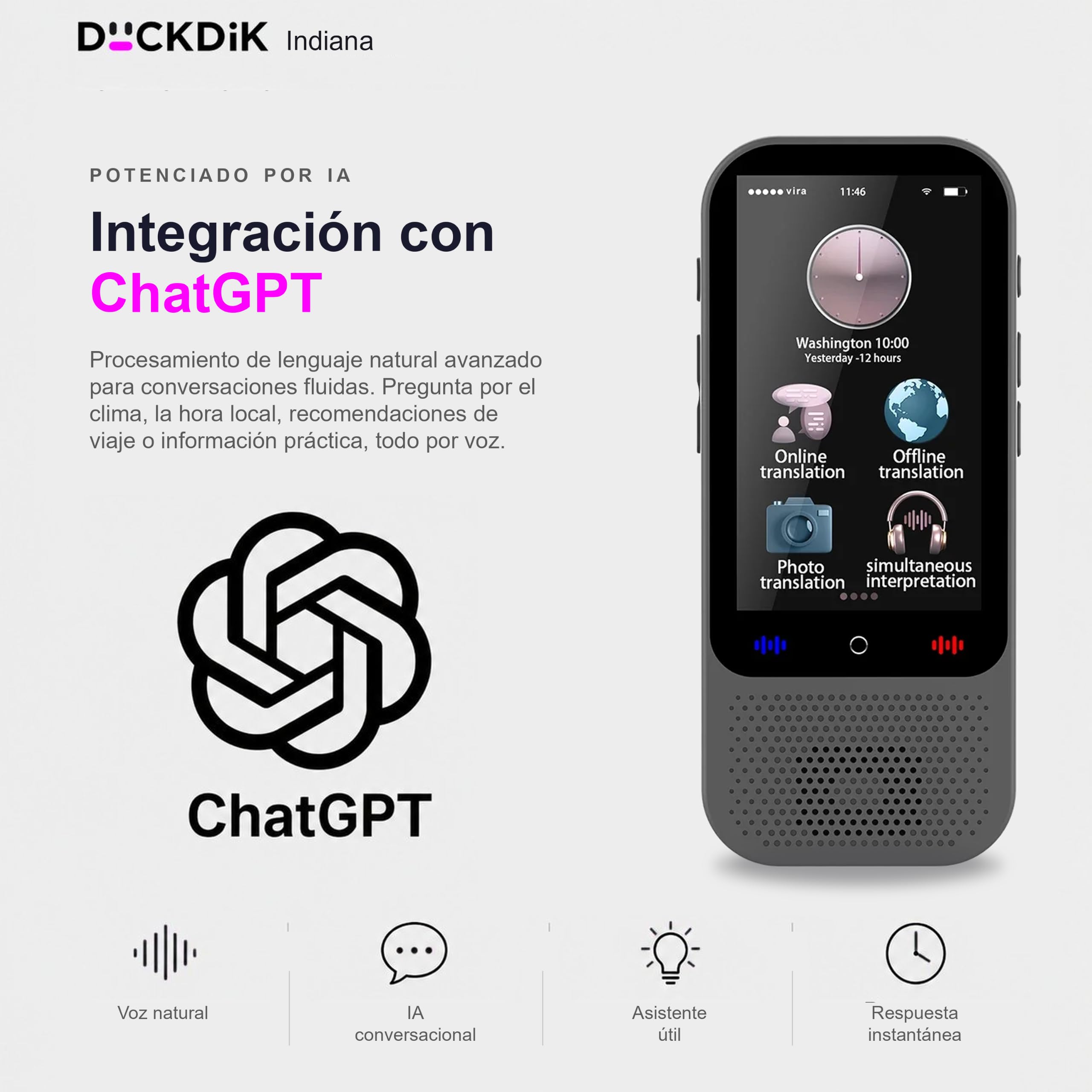 Indiana, Traductor de Idiomas Instantáneo de Voz 2025 + App Traducción Offline Incluida de por Vida (Valor 120€/año) — 142 Idiomas Online, 18 Offline + 59 en App, Pantalla Táctil HD, IA