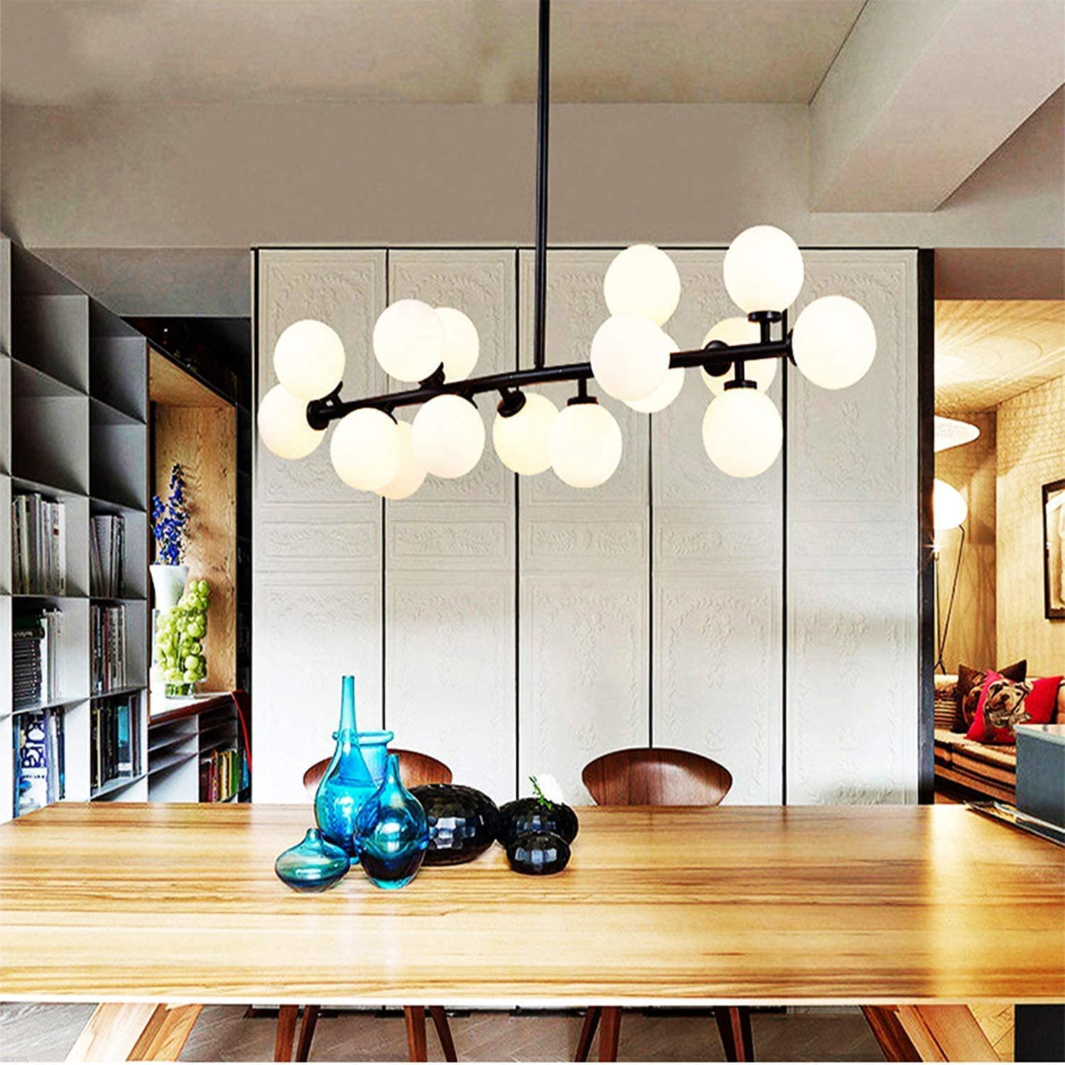 OGYJMSFN Chandelier Modern Sputnik Chandelier Black Linear Branch Pendant Light with White Globe Glass Shades Mid Century Industrial Ceiling Lighting Fixture(Noir)