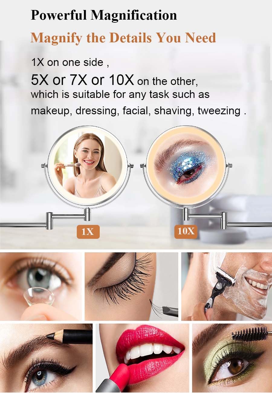 Kosmetik-Vergrößerungsspiegel mit LED-Leuchten, 1-fach/10-facher doppelseitiger Vergrößerung, wiederaufladbarer Badezimmer-Wandspiegel für Make-up-Rasur (Schwarz,10X Vergrößerung)