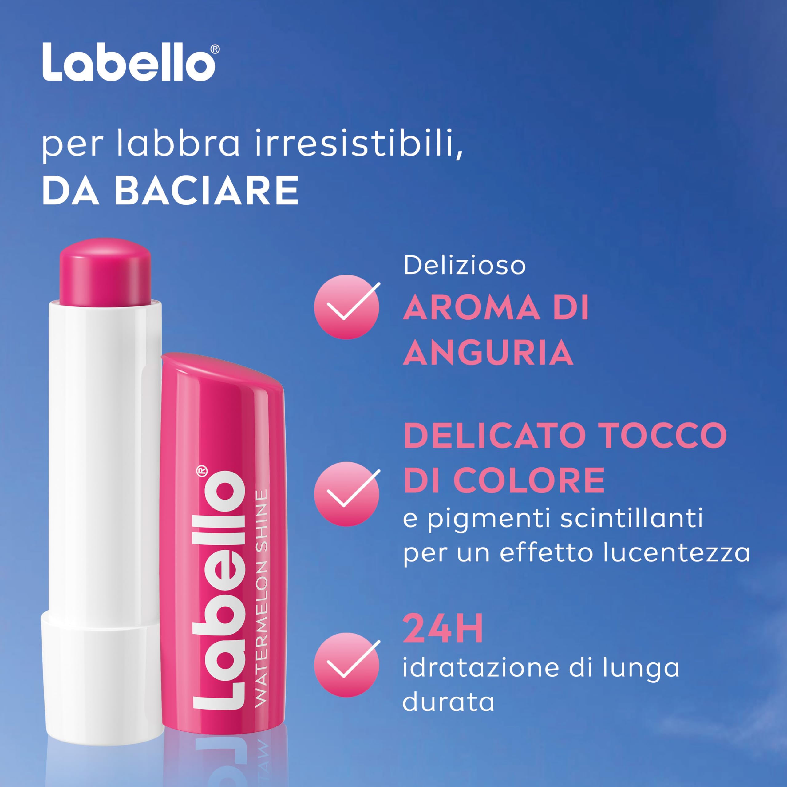 Labello Watermelon Shine Burrocacao labbra 4.8 g, Balsamo labbra colorato e nutriente all'aroma di Anguria con pigmenti scintillanti, Lip balm idratante per 24 ore con ingredienti di origine naturale