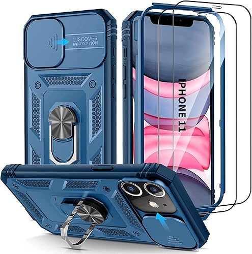 Miniatura 1 de Pompvla Funda para iPhone 11 no para 11Pro con 2 protectores de pantalla de vidrio templado, anillo magnético de rotación de 360 integrado y