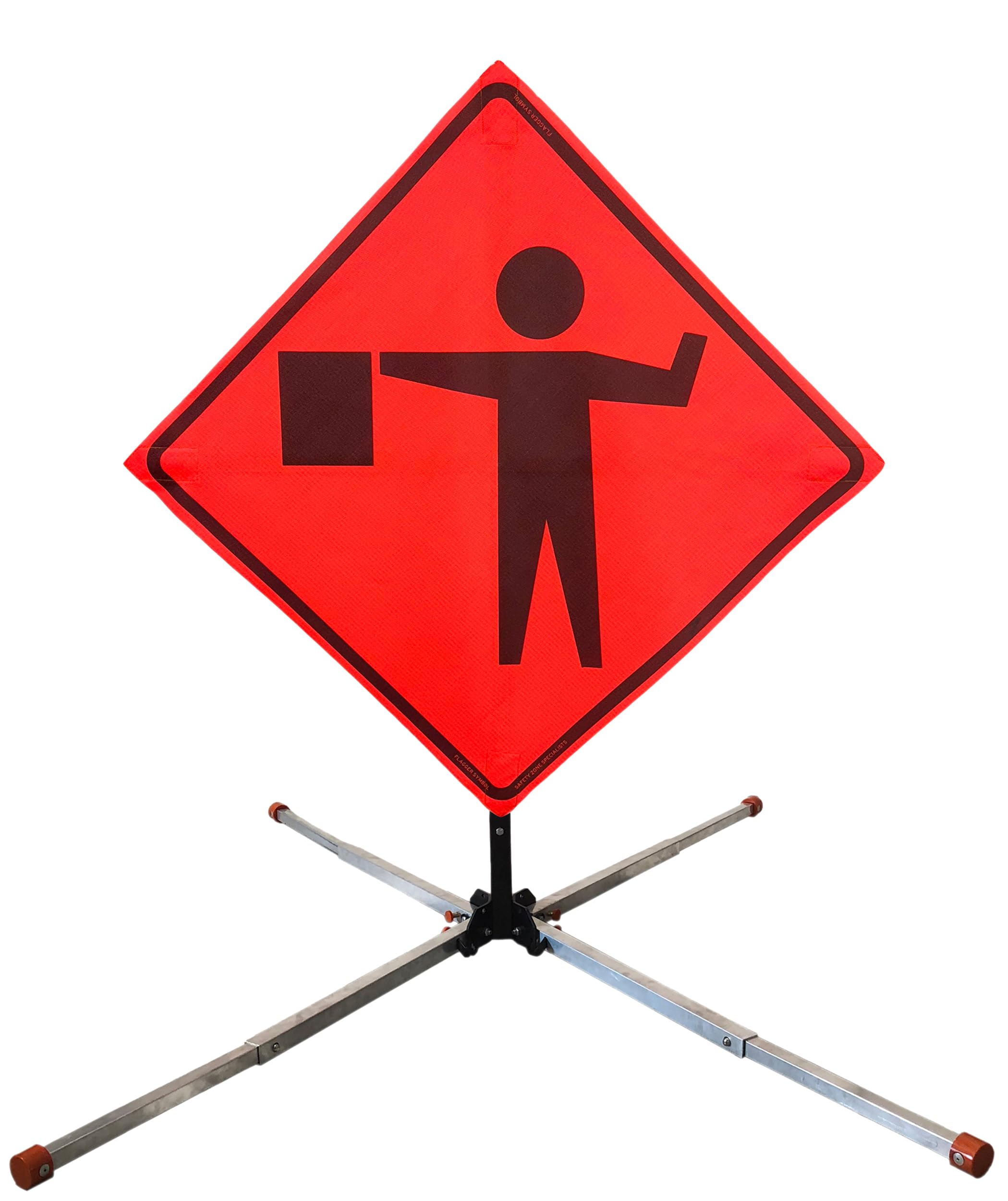 OrangeGear® 36" x 36" MUTCD TTC Compliant Safety Orange Mesh Rollup Traffic Control Sign, Fiberglass Ribs & Aluminum Sign Stand Kit (Flagger Symbol)