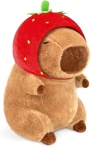 Capybara - Almohada de felpa Capybara de 11.8 pulgadas con sombrero de fresa Capybara, almohada de felpa Capybara para niños y niñas, juguetes
