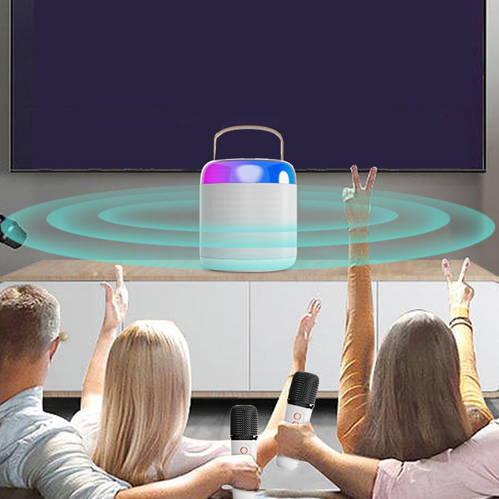Altoparlanti Karaoke Wireless Effetto Sonoro di Caraoke Portatile per Feste di Famiglia, 2 Microfoni, Set Altoparlanti, Set Mini Karaoke (WHITE)