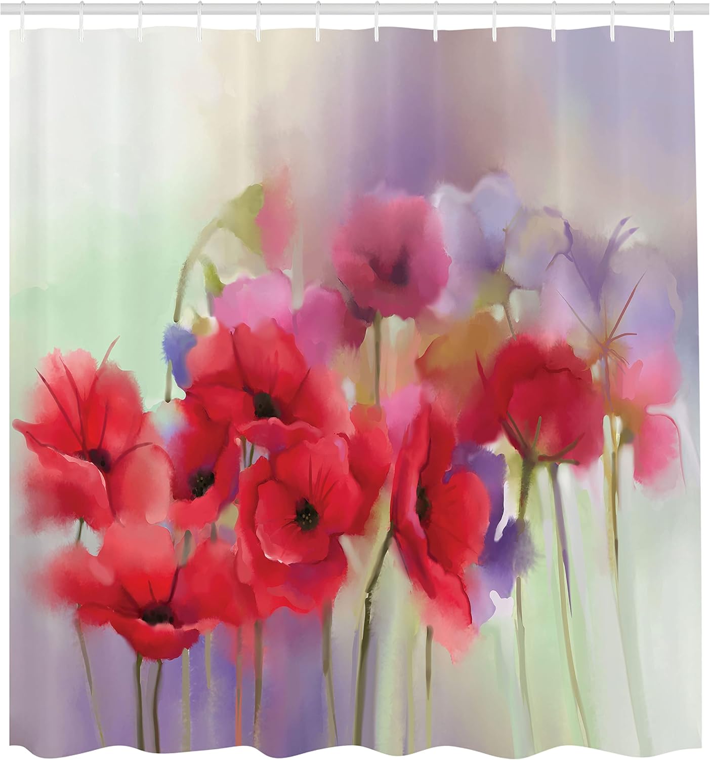 Ambesonne Flower Shower Curtain, Poppy Flowers Blur Spring Floral Seasonal Romantic Illustration Print, Cloth Fabric Bathroom Decor Set with Hooks, 69" W x 84" L, Lavender and Red
