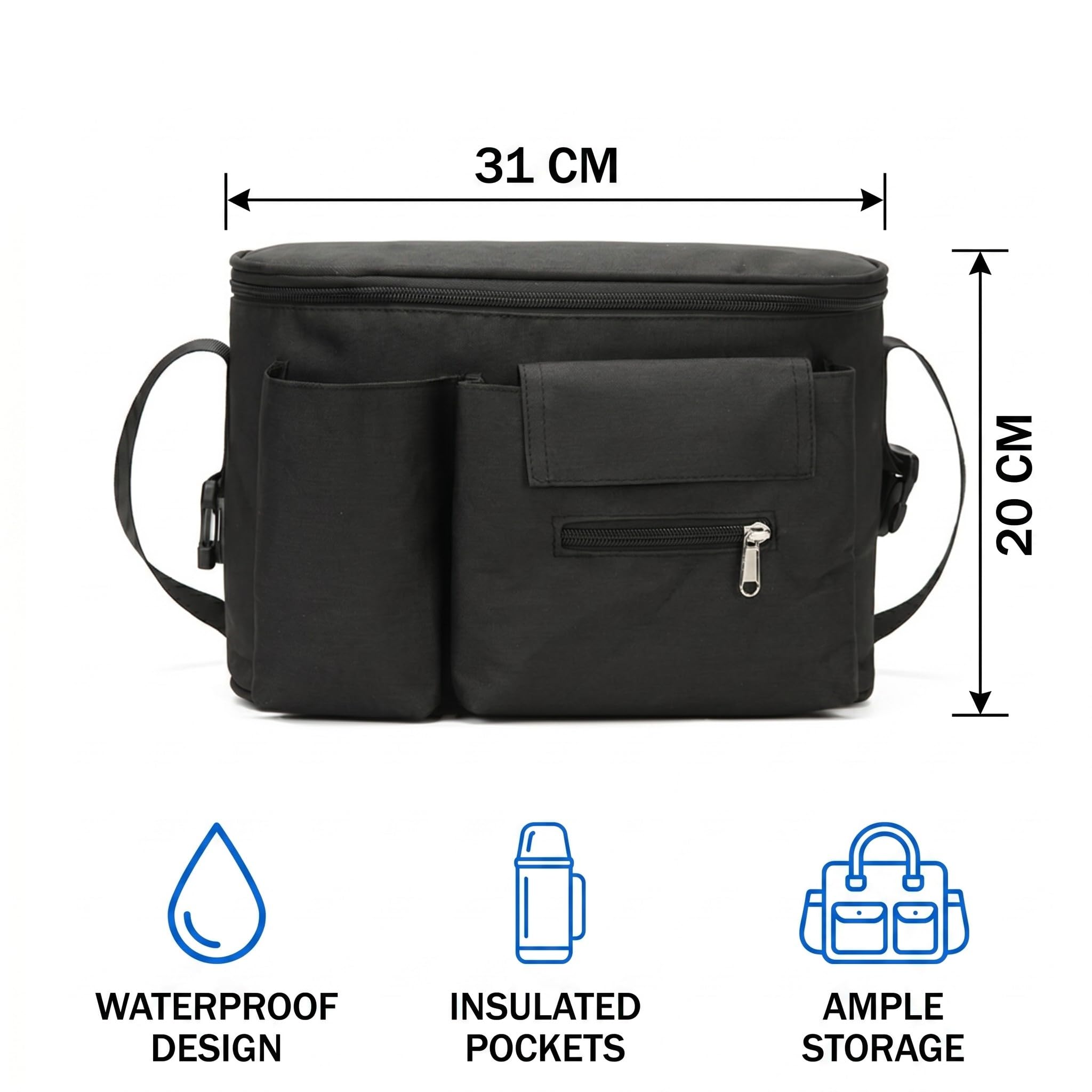 Bolsa carro bebe, bolsa universal para cochecito con compartimento con cremallera y correa ajustable para el hombro, práctica bolsa para guardar pañales, biberones y teléfonos inteligentes.