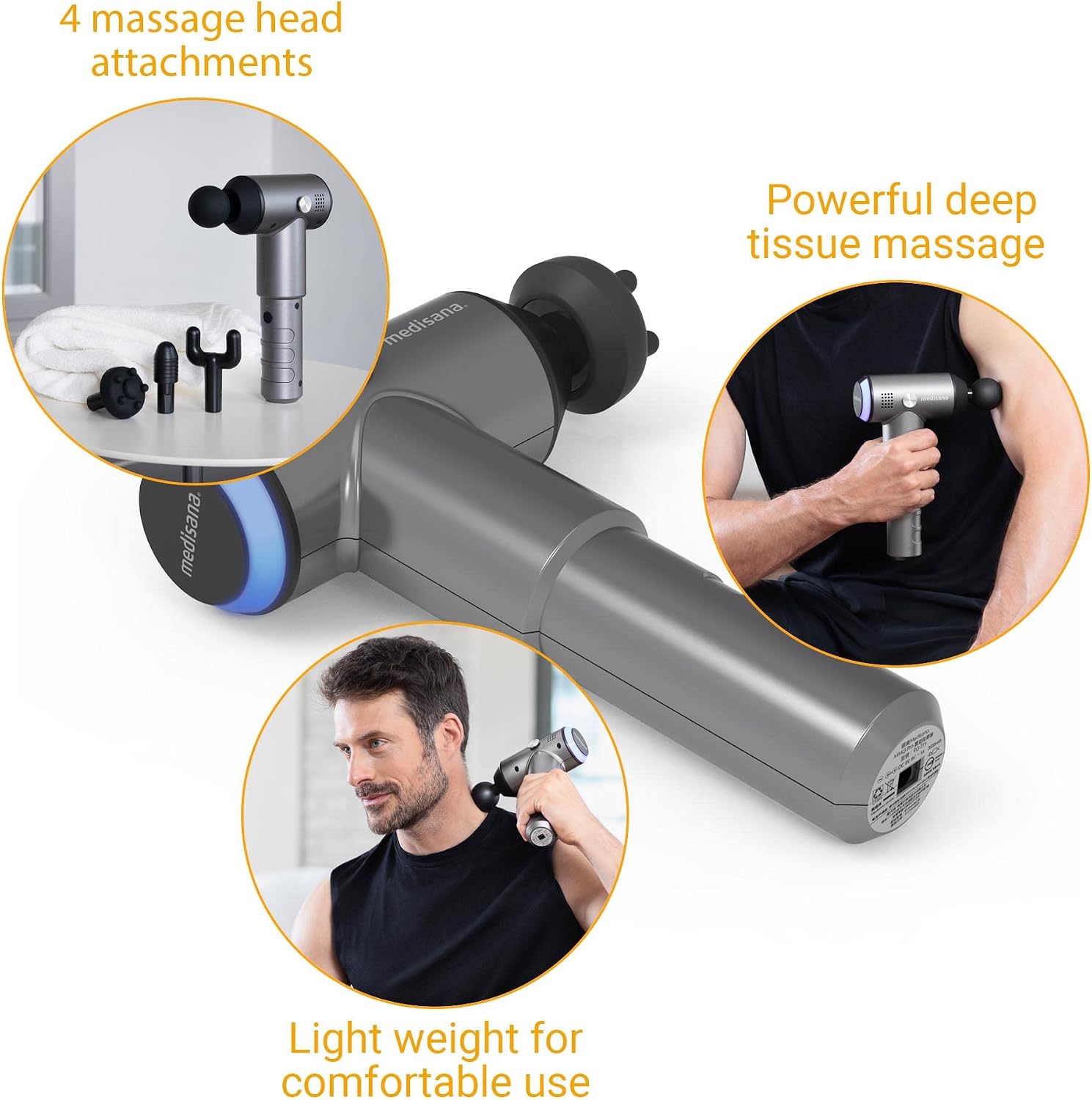 Medisana MG 500 Pro Massage Gun with its four interchangeable massage heads