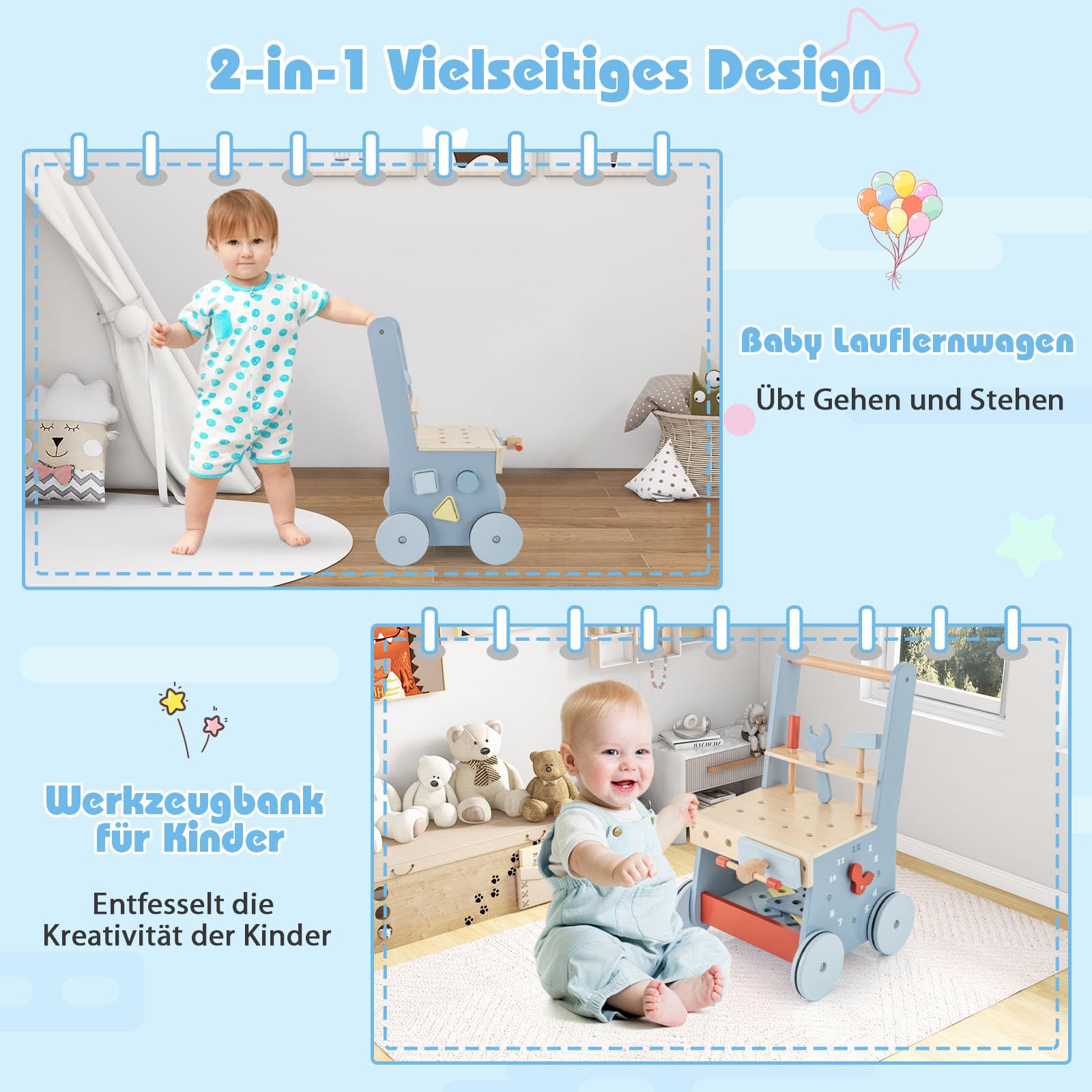 COSTWAY Lauflernwagen Holz, Baby Lauflernhilfe mit Multi-Aktivitätszentrum, Kinder Werkbank Spieltisch, Montessori Spielzeug, Laufwagen für Kinder ab 1 Jahr