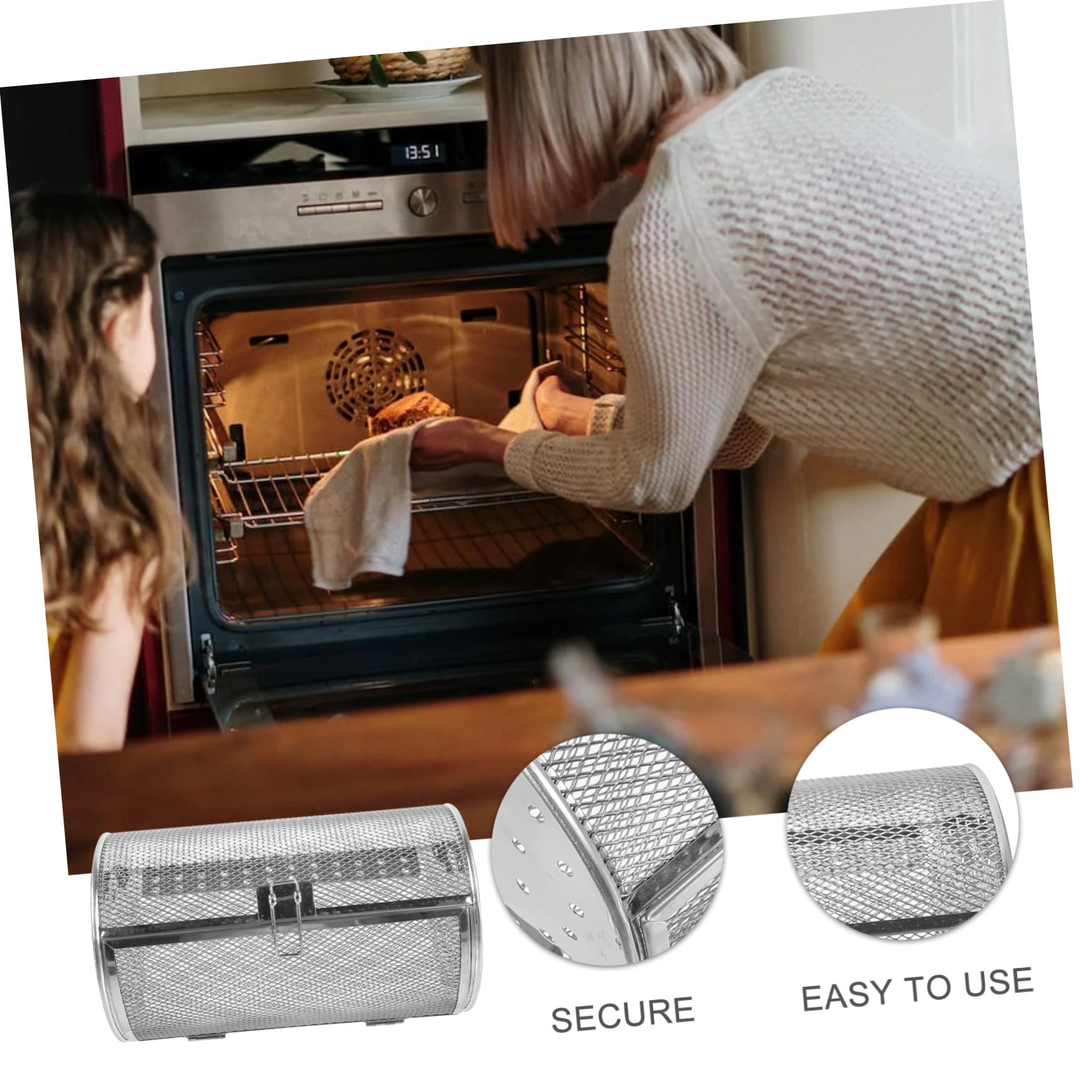 Gabbia Grill Rotante in Acciaio Resistente per Forno Elettrico Cestino Girarrosto con Blocco Sicuro Accessorio Cucina per Arrostire Noci Frutta Secca e Carne