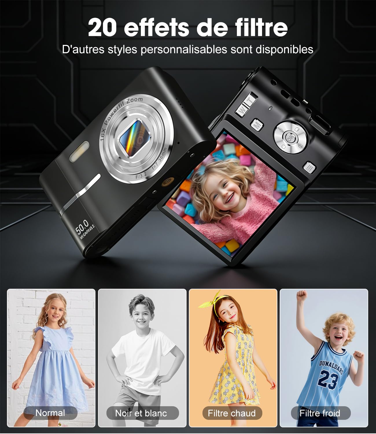 Appareil Photo Numérique 50MP 1080P, Compact Appareil Photo avec Carte 32Go, Écran 2,4”, Zoom Numérique 16X, Mini Camera Vlog pour Enfants, Adolescents, Étudiants, Cadeau d'anniversaire Vacances-Noir