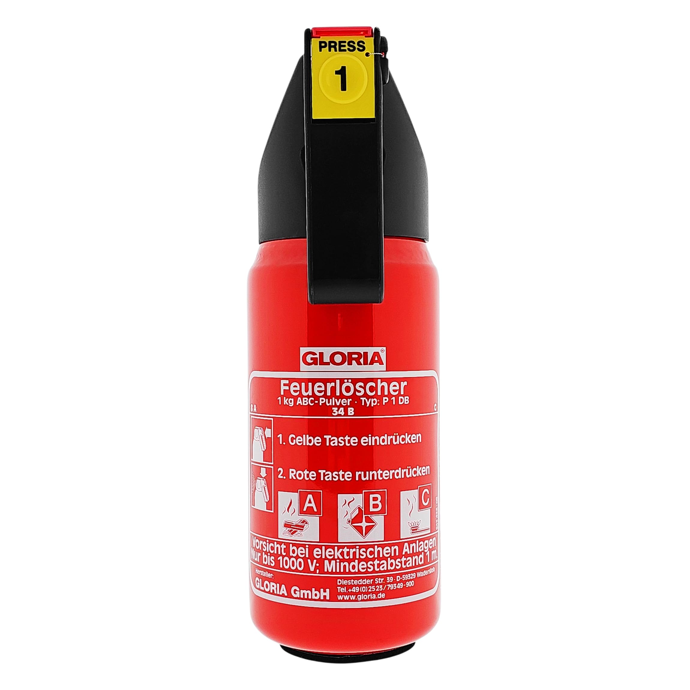Gloria KFZ Auto-Pulverlöscher P1DB, 1kg Brandklasse ABC Halterung u. Plakette