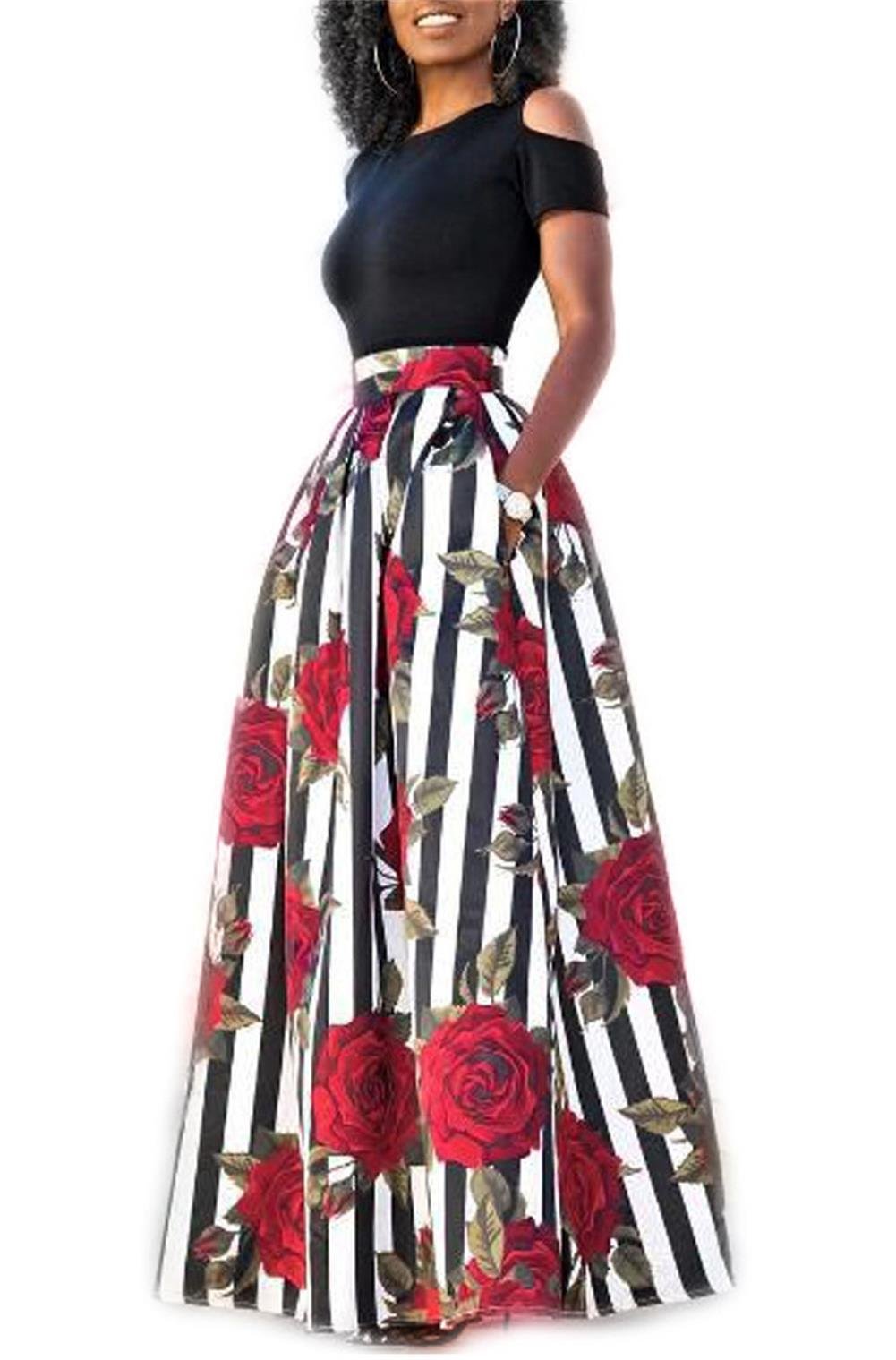 Women's Two Pieces African Floral Print Maxi Dress A Line Long Skirt With Pockets