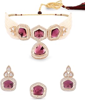 ZAVERI PEARLS Purple Multistrand Kundan Stones & Beads Choker Necklace Earring & Ring Set For Women-ZPFK16580 Price In India
