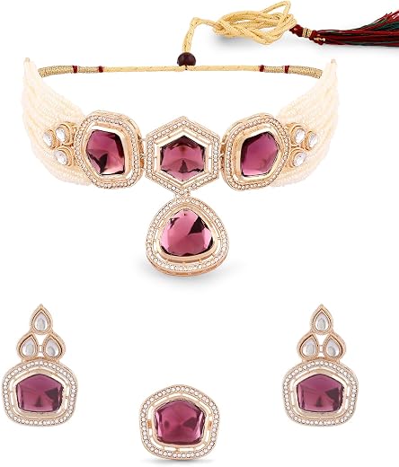 ZAVERI PEARLS Purple Multistrand Kundan Stones & Beads Choker Necklace Earring & Ring Set For Women-ZPFK16580