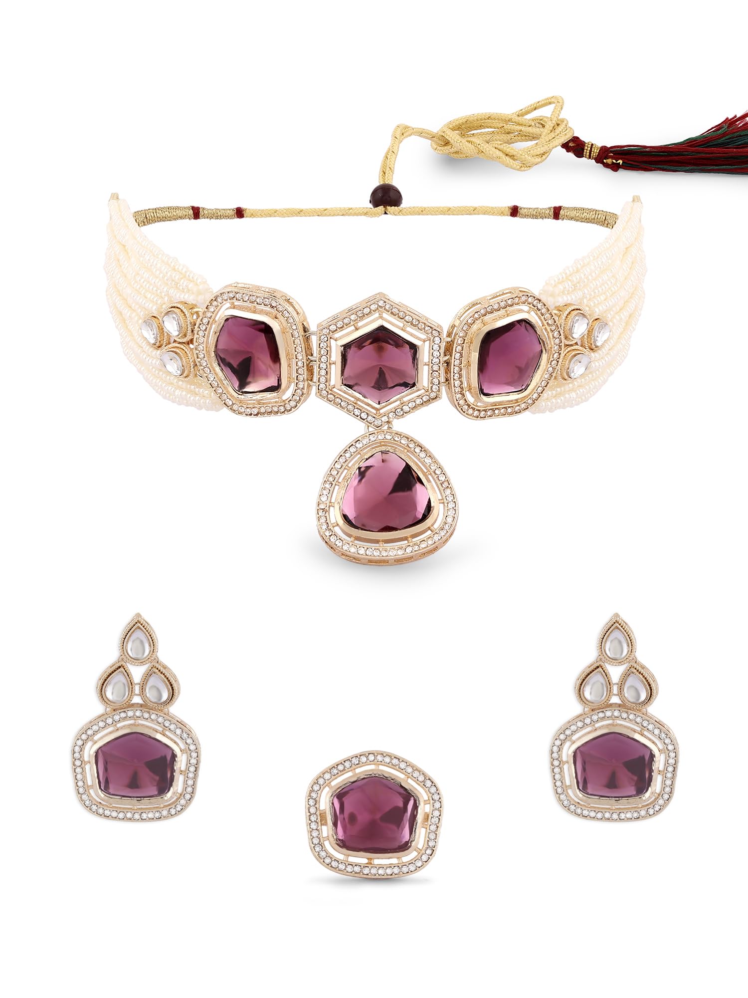 Purple Multistrand Kundan Stones & Beads Choker Necklace Earring & Ring Set For Women-ZPFK16580