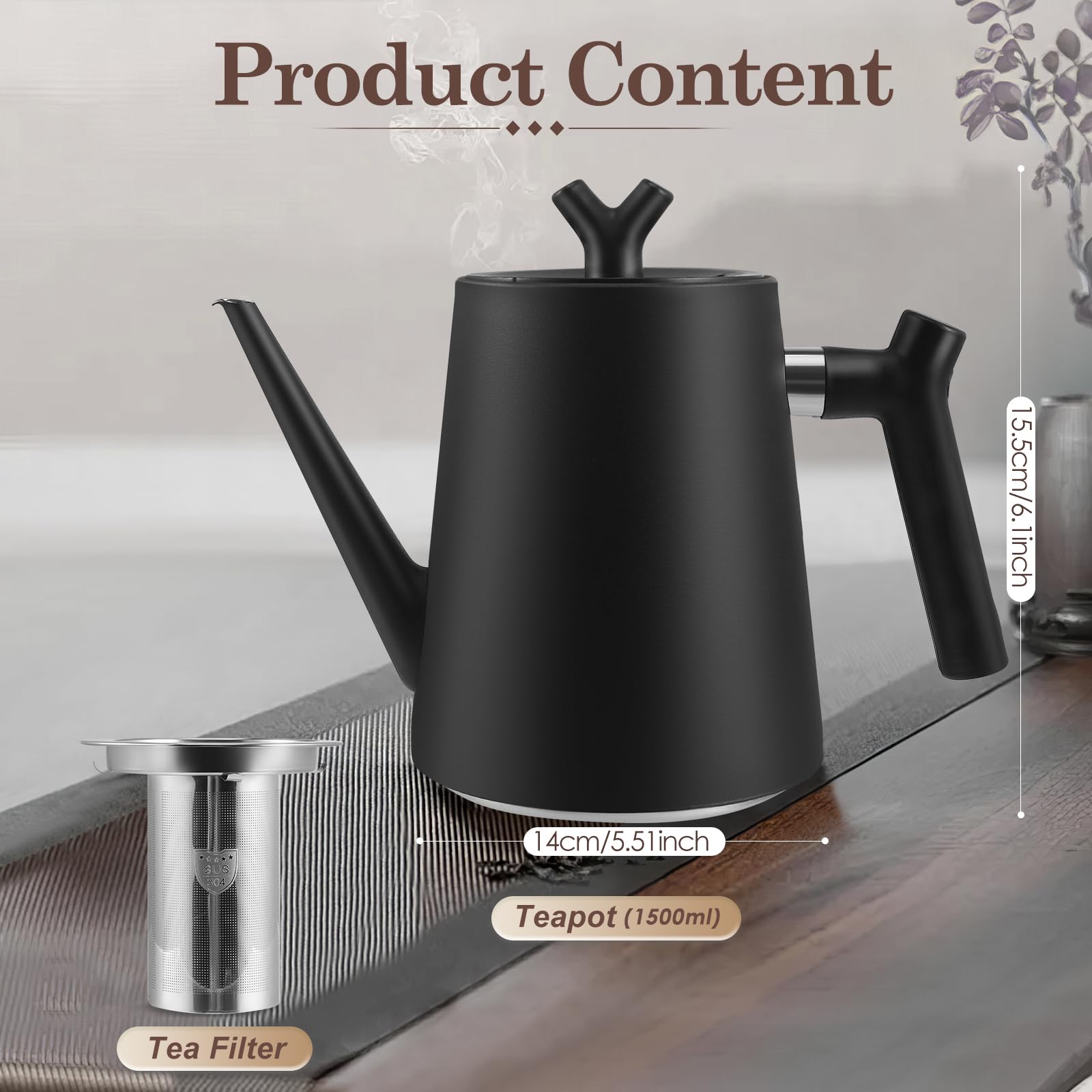 Teekanne mit Siebeinsatz 1,5 liter -Edelstahl Teekanne Doppelwandig Schwarz - Mit Filter für Tee & Kaffee - Tee Kanne 100% Tropffrei - Für alle Herdarten - Isolierkanne Tee Modern Design