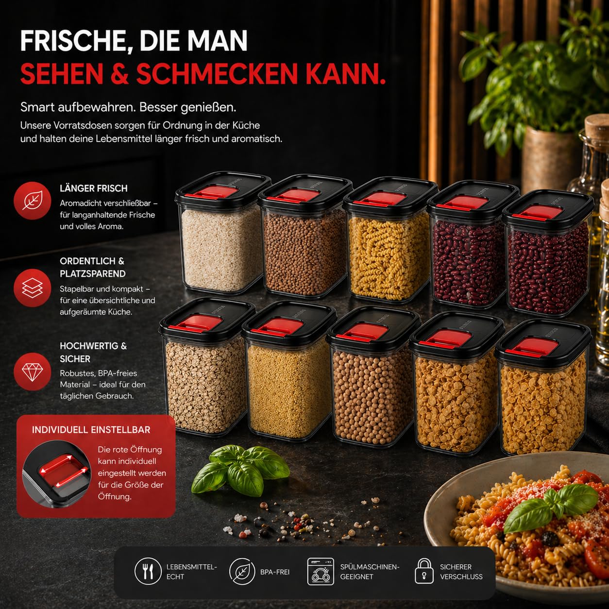 Set di 8 barattoli ermetici, senza BPA, 1600 ml, 14 x 16 x 10,8 cm, impilabili, da cucina, con coperchio trasparente, diverse misure