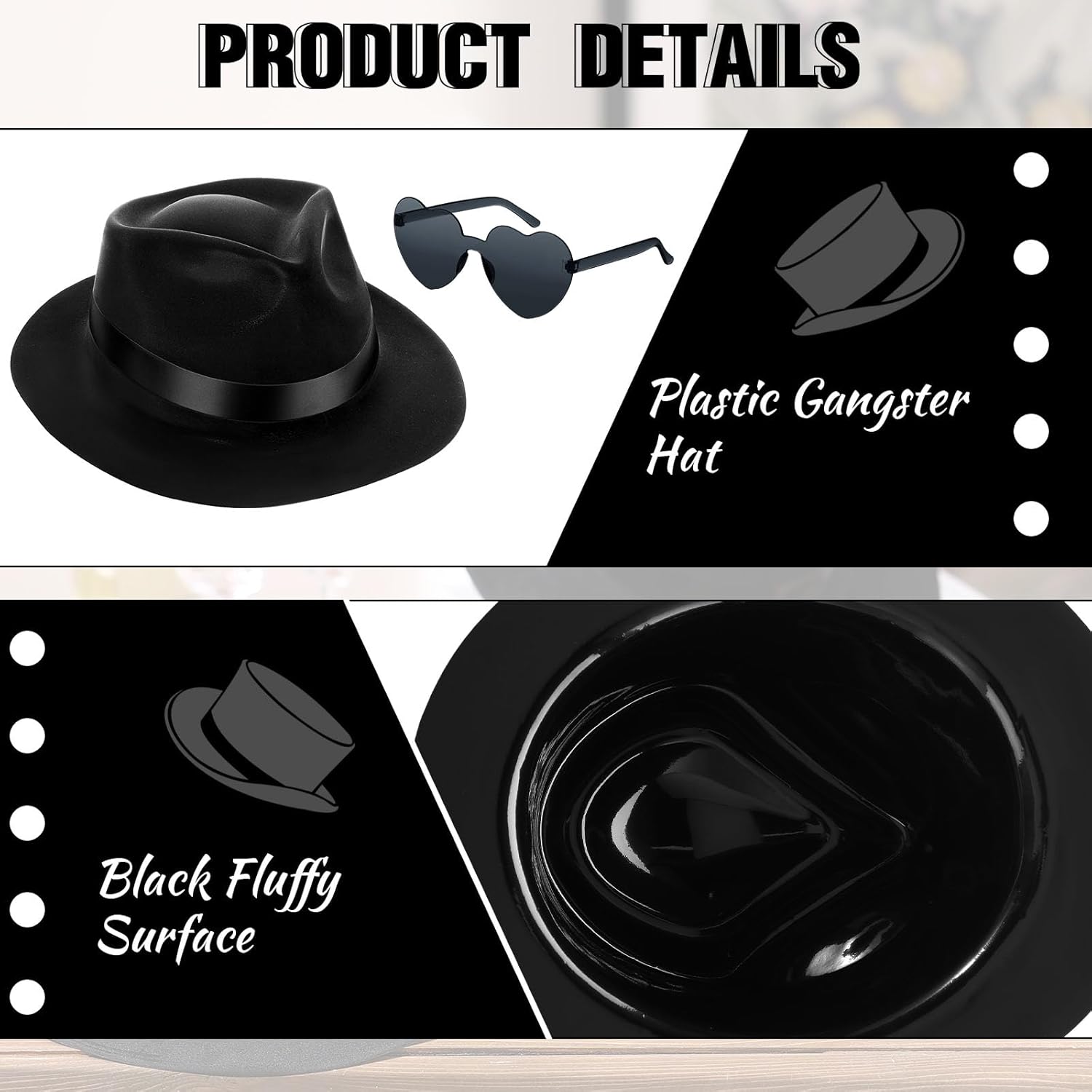Sureio 12 Pieces Gangster Hat Set Plastic Gentlemen Hats Bulk with 12 Pairs Heart Shaped Glasses, Gangster Costume Hats for Adults 1920s Black Party Accessories Decorations for Men Women