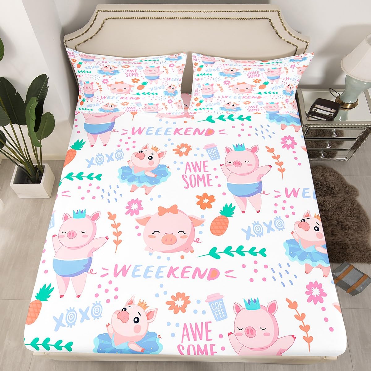 Cartoon Pig Kids Fitted Sheets Full Size,Princess Prince Pig Bedding Set 3Pcs for Girls Boys Teens Room Decor,Pink Cute Animals Bed Sheets,Floral Polka Dot Print Deep Pocket Sheet,2 Pillowcases