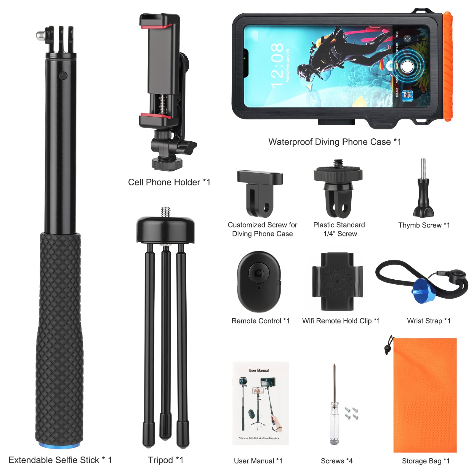 ShellBox wasserdichte Selfie Stick with wasserdichte Handyhülle Set Unterwasser Wasserfeste Handyhülle Schwimmen Baden Tauchen Surfen Bootfahren Compatible iPhone 16e 16 15 14 13 Pro Max Samsung S25