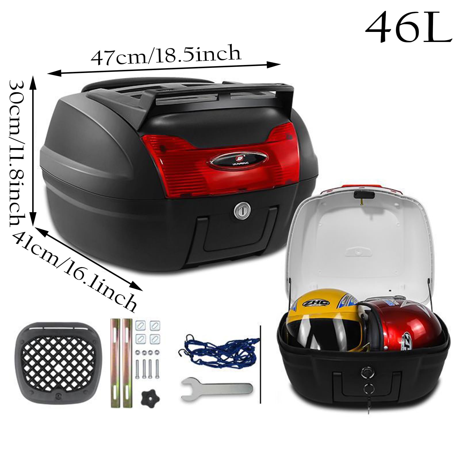 Bagażnik motocyklowy, 46L Uniwersalny motocykl Tour Tail Box Bagażnik Topcase Zamykany(Black+white)