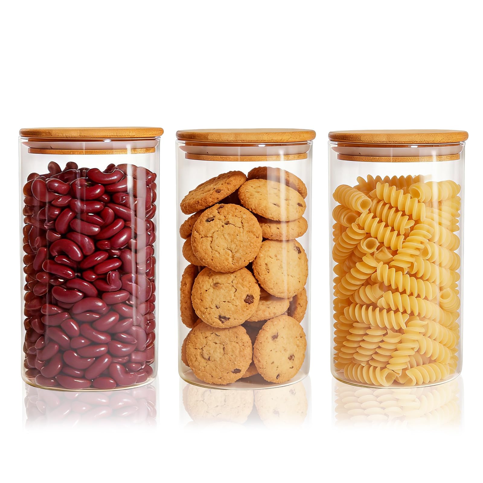 SIGONE Set of 3 Glass Food Storage Jars,Transparent Round Containers with Wooden Lids for Grains,Oats,Sugar,Tea,Coffee Beans & Dry Goods