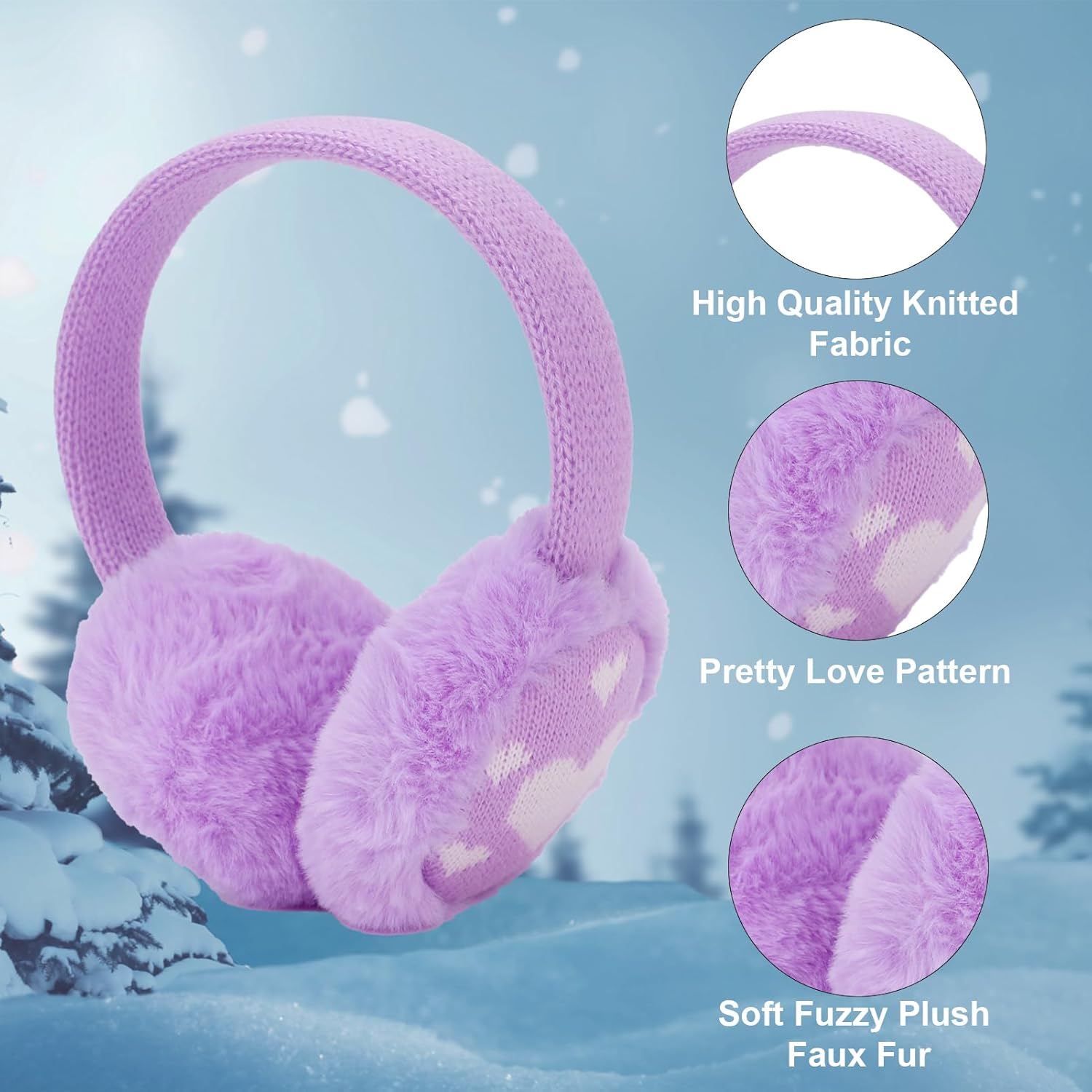 Winter Girls Knit Earmuffs and Gloves Sets Furry Ear Warmers with Love Pattern Outdoor Knit Warm Gloves for Girls - Image 5