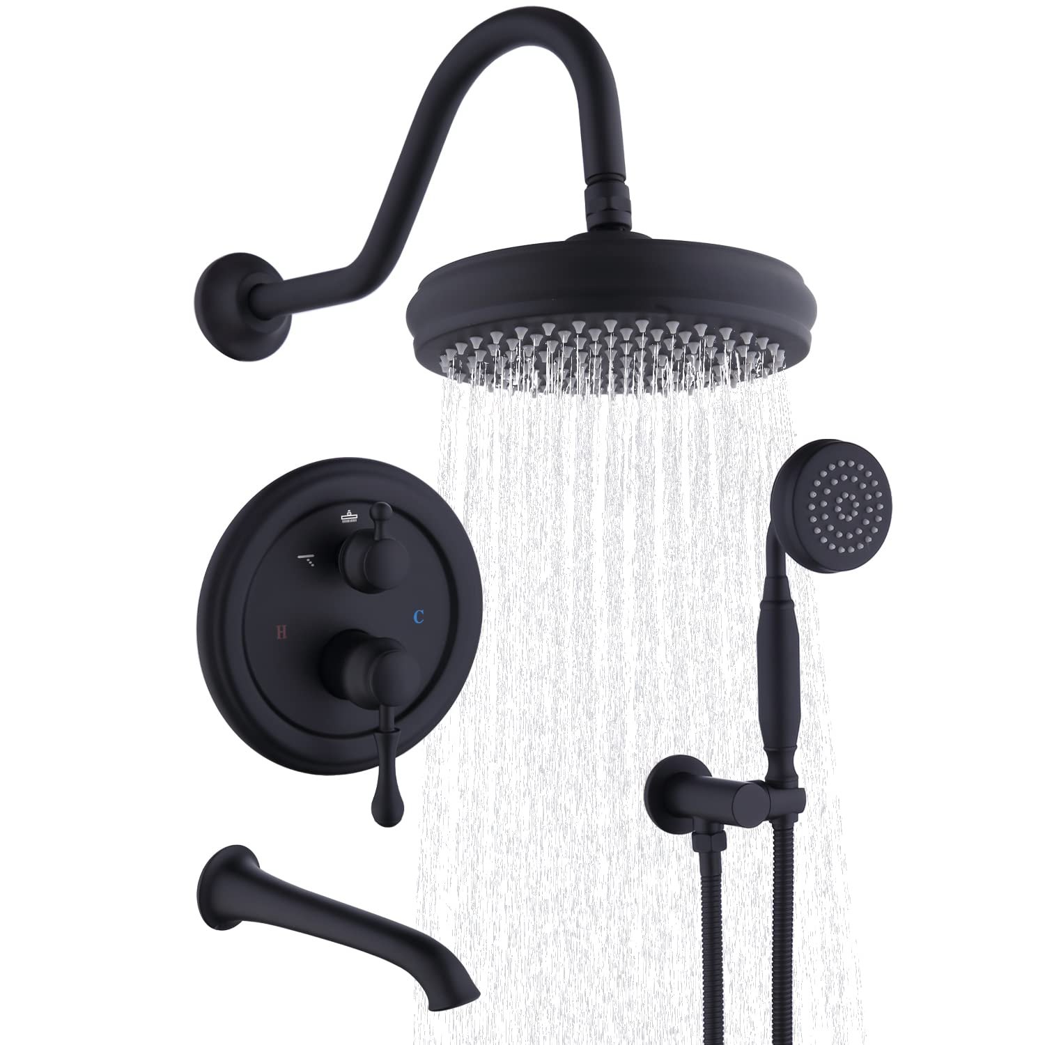 Bathtub Shower Faucet Antique Brass with Hand Sprayer, Enga 8inch Rainfall Shower System Wall Mounted Shower Set, Matte Black