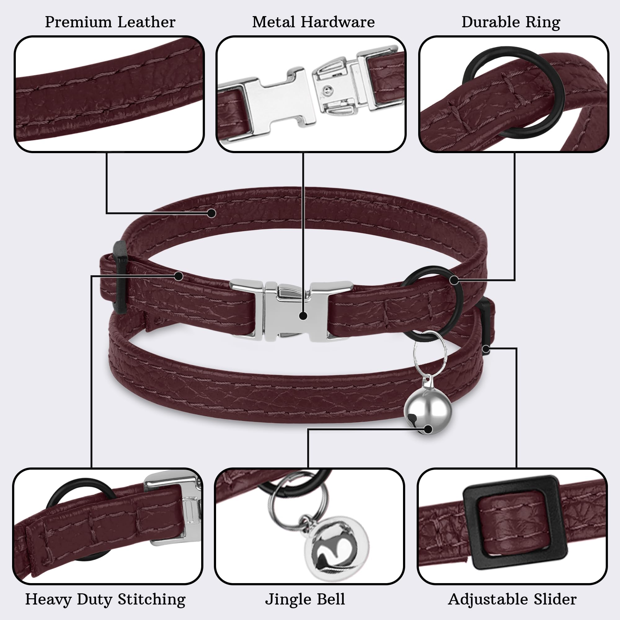 Collar de cuero para gato con hebilla y campana extraíble, no se rompe, ajustable, suave, de seguridad, para mascotas, para niñas, niños, gatos, gatitos (borgoña)