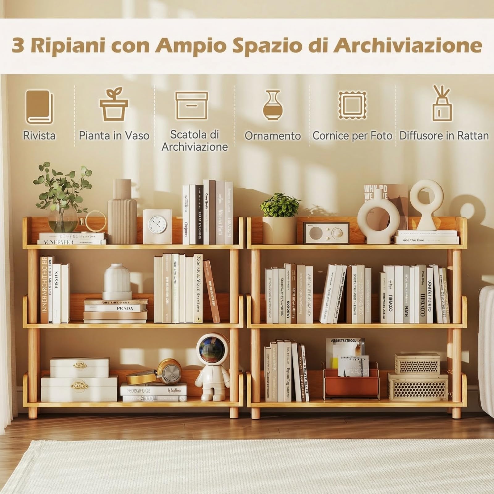 COSTWAY Libreria Verticale a 3 Livelli, Scaffale per Libri Aperto con Gambe in Legno di Pino,Protezione dei Bordi e Kit Antiribaltamento, Libreria Scaffale da Terra per Soggiorno e Camera da Letto