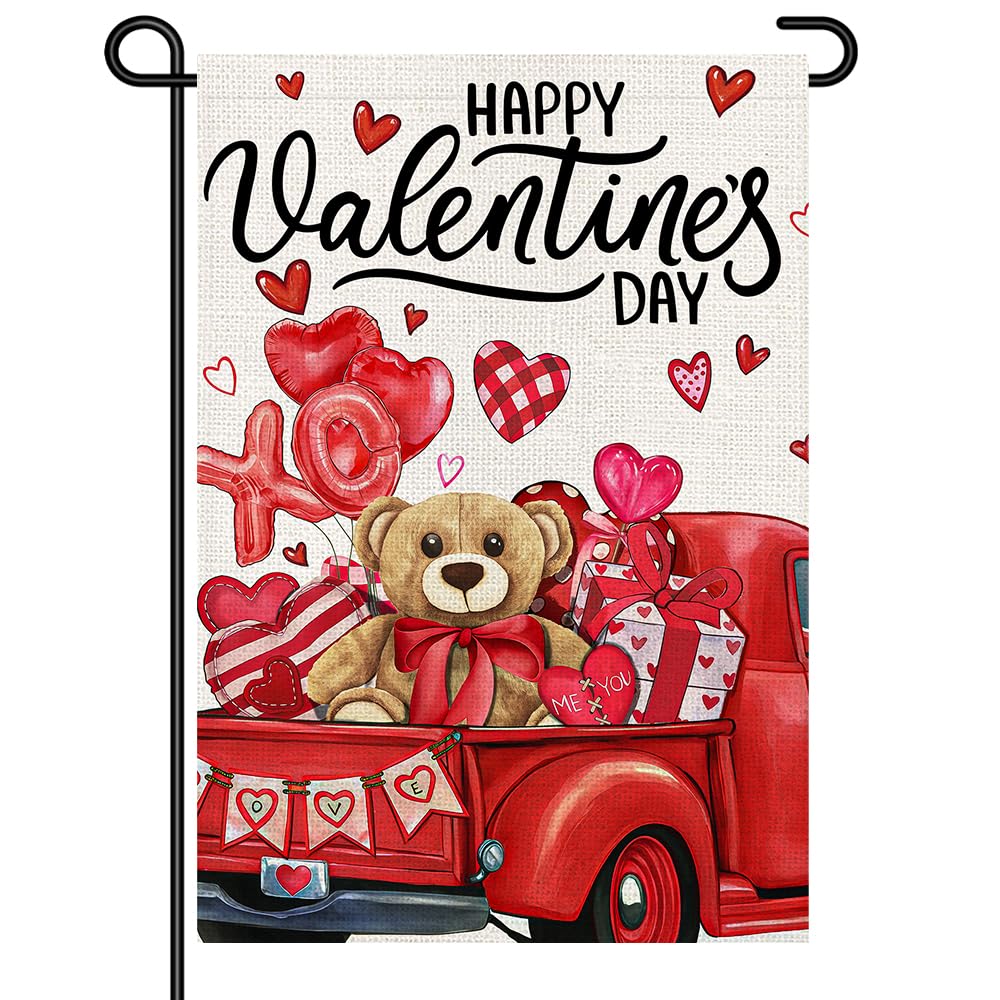 Bandera decorativa de San Valentín para exterior con camión rústico y osito rústico para caminos