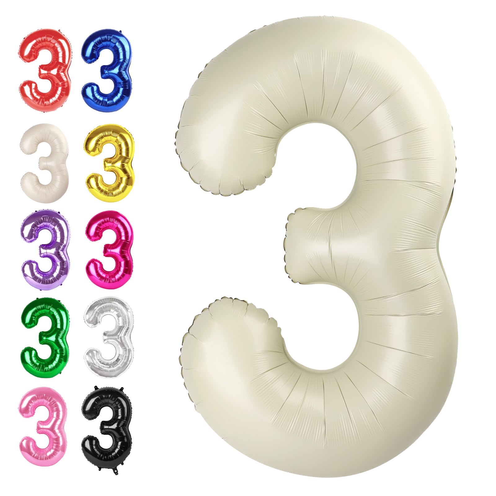 40 Inch Cream White 3 Large Number Balloon, 3 13 23 30 33 36 38 Cream White Birthday Party Decorations, Number Three Foil Balloons for Anniversary