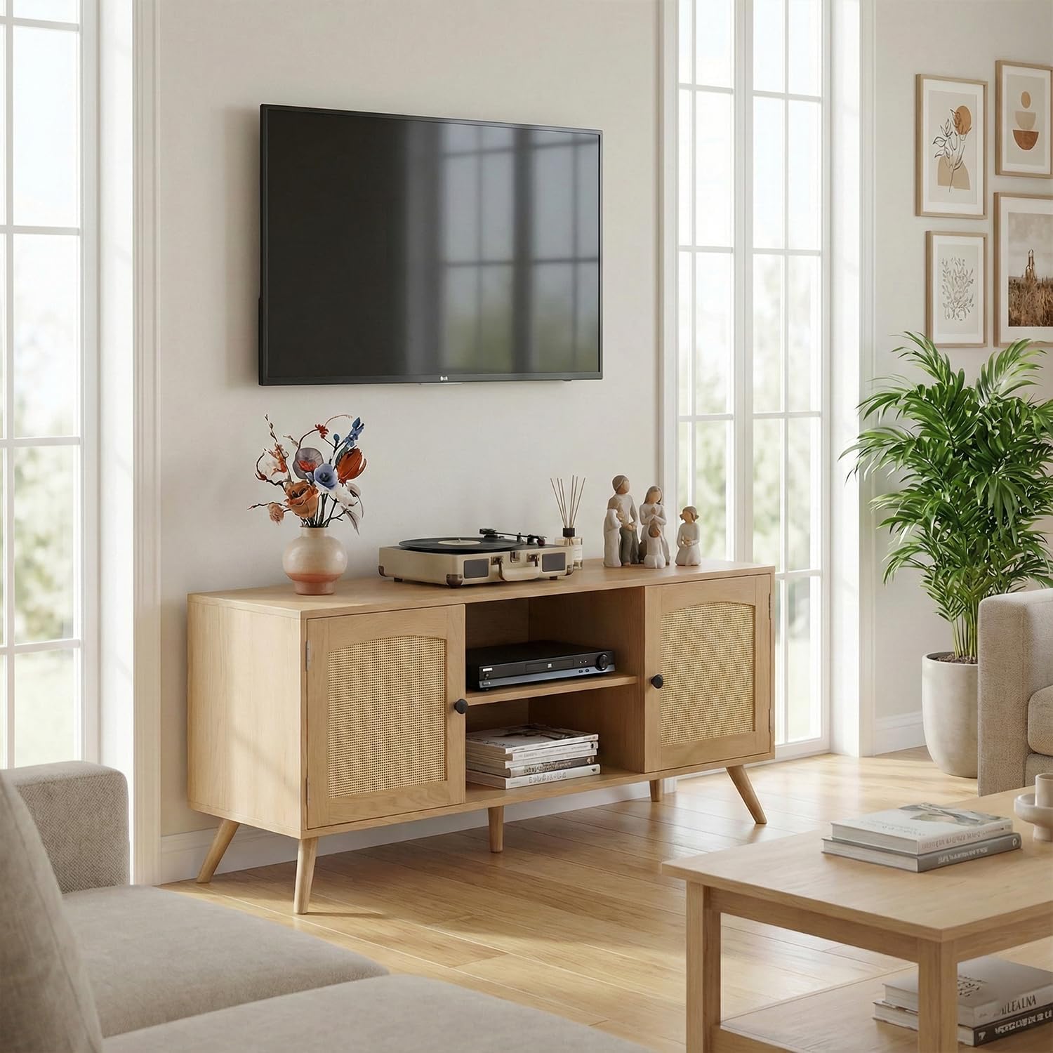 Mid Century Modern Rattan TV Stand for 55/60 Inch TV - 53" Boho Media Console Table with Cane Doors & Open Shelves, Oak Wood Finish Entertainment Center for Living Room, Hallway, Entryway