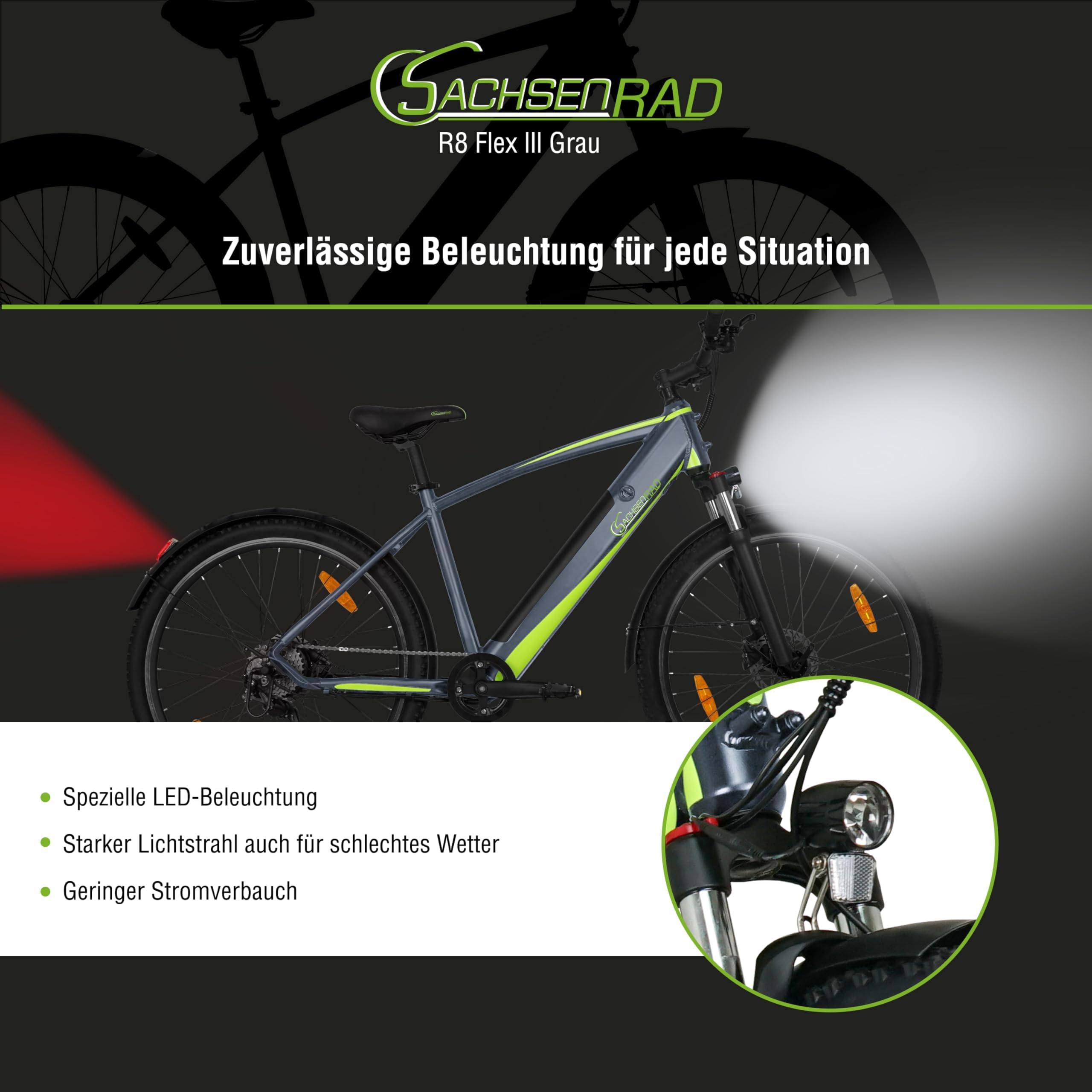 Vélo électrique SachsenRad R8 Flex II | 27,5/29 Pouces, Moteur 250 W, Batterie au Lithium 36 V/12,5 Ah, 25 km/h, Vitesses Shimano 7 Vitesses, Freins à Disque, écran LCD