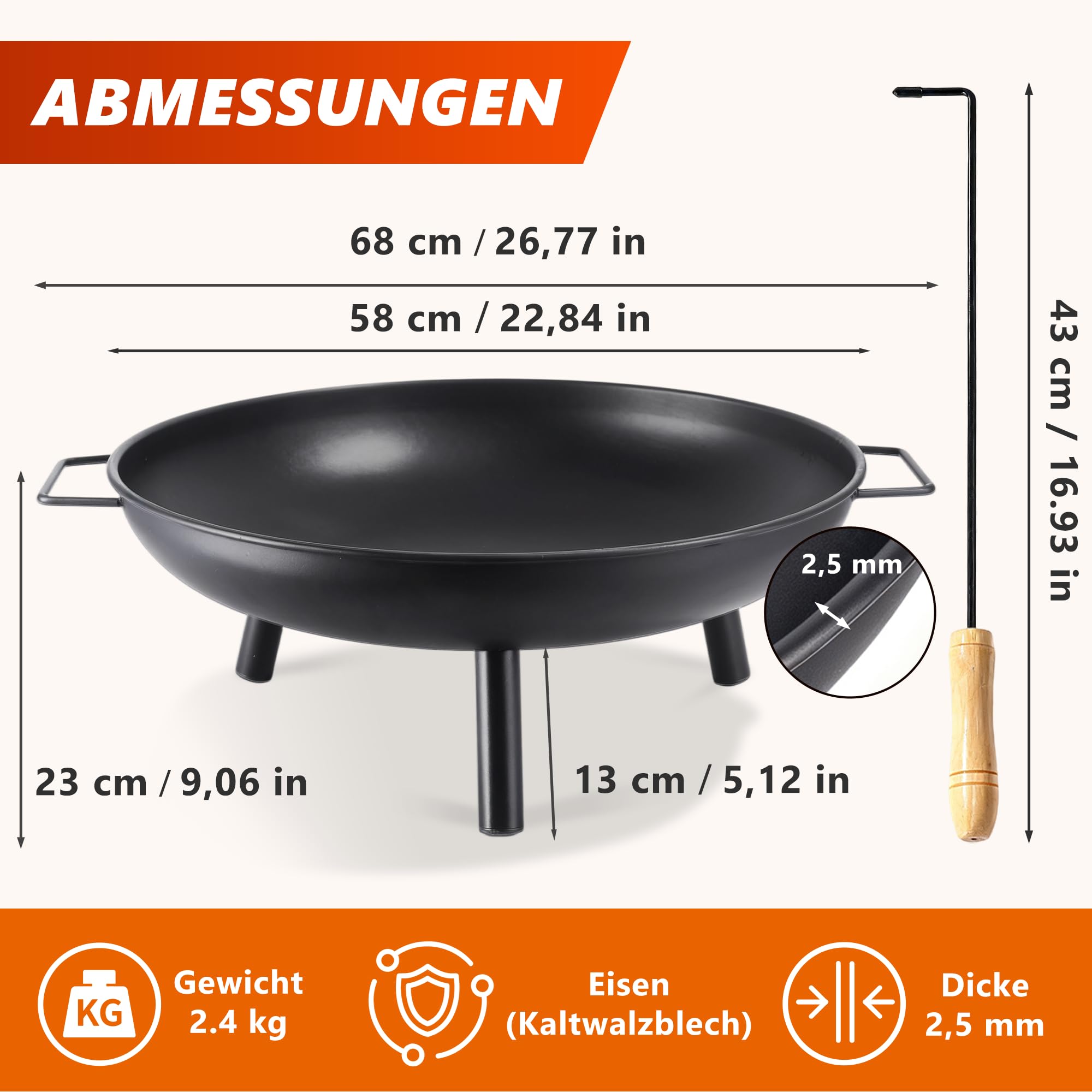 Feuerschale Feuerschalen für den Garten - Feuerstelle Ø 58 cm mit 43 cm Schürhaken - Feuerkorb mit 2 Tragegriffen für Lagerfeuer Garten & Terrasse - 2 Jahre Garantie (Ø 58 cm)