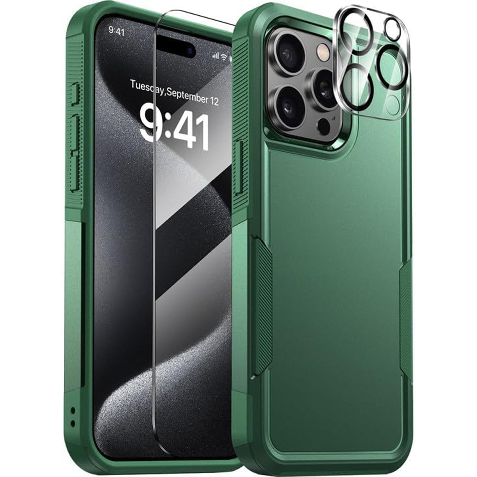 Diaclara Designed for iPhone 15 Pro Case [Military Grade Drop Protection] with 9H Tempered Glass Screen + Camera Lens Protector Heavy Duty Full-Body Shockproof Phone Case for iPhone 15 Pro, Green