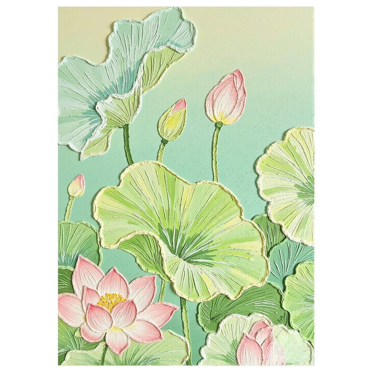 LCDIUDIU Hand Painted Textured Canvas Wall Art Green Lotus Flower Oil Painting Abstract Minimalist Zen Floral Art Unframed Modern Artwork Wall Decor for Living Room Bedroom 70X100Cm(28X40Inch)