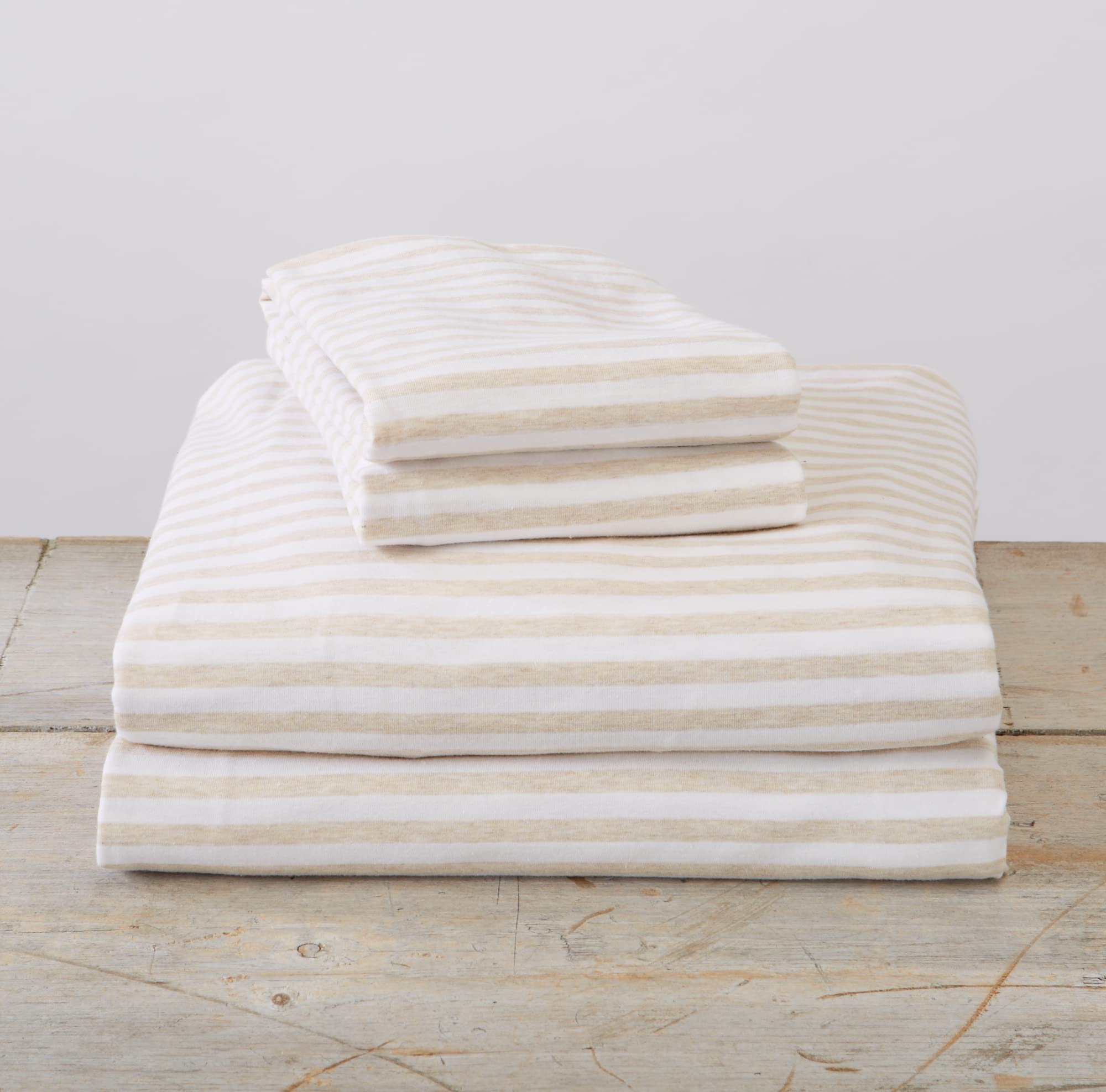 Great Bay Home Extra Soft Jersey Knit T-Shirt Full Cotton Sheet Set | Breathable, Comfortable, and Cozy 4 Pc Oatmeal Striped Sheets Set | All-Season Jersey Knit Sheets