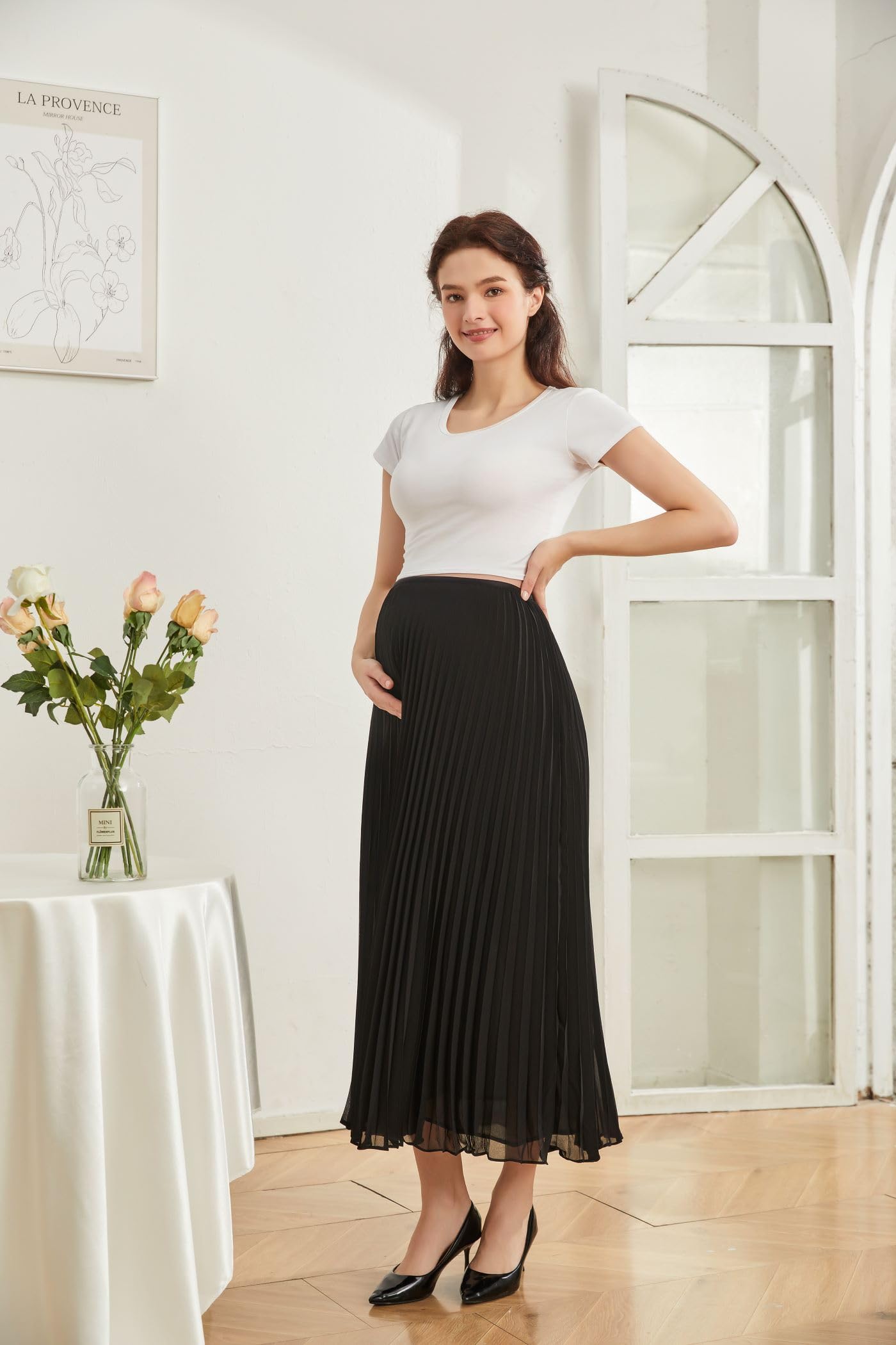 Falda de maternidad plisada de cintura alta elástica para mujer, falda de embarazo sobre el vientre, falda de gasa acampanada, ropa casual