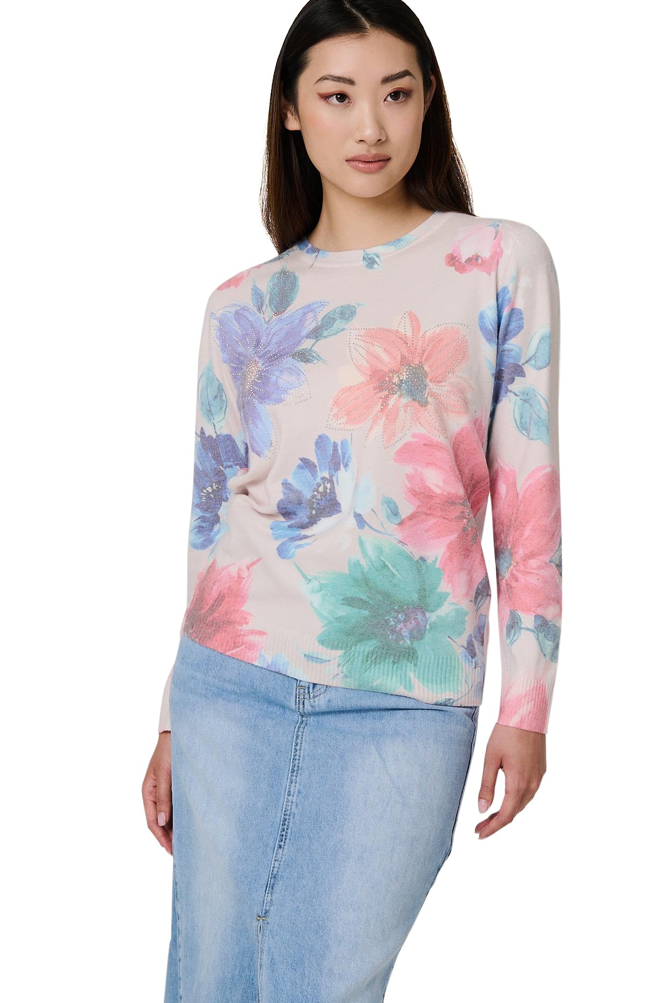 Izabel London Floral Diamante Long Sleeve Jumper Beige L - Cotton Blend