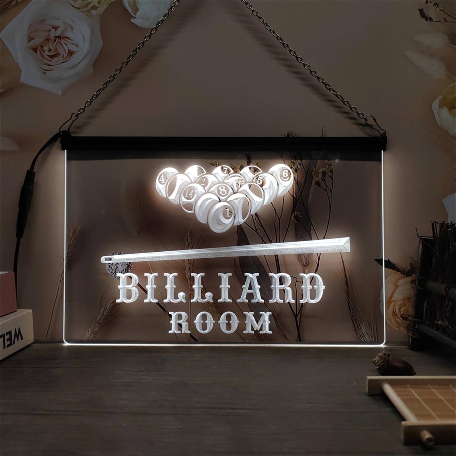Billiard Room Neonowy szyld do dekoracji ścian – ściemniane neonowe oświetlenie LED z zasilaniem USB, idealne do klubów bilardowych, sal snookerowych, pokojów gier i barów,White,30x20cm