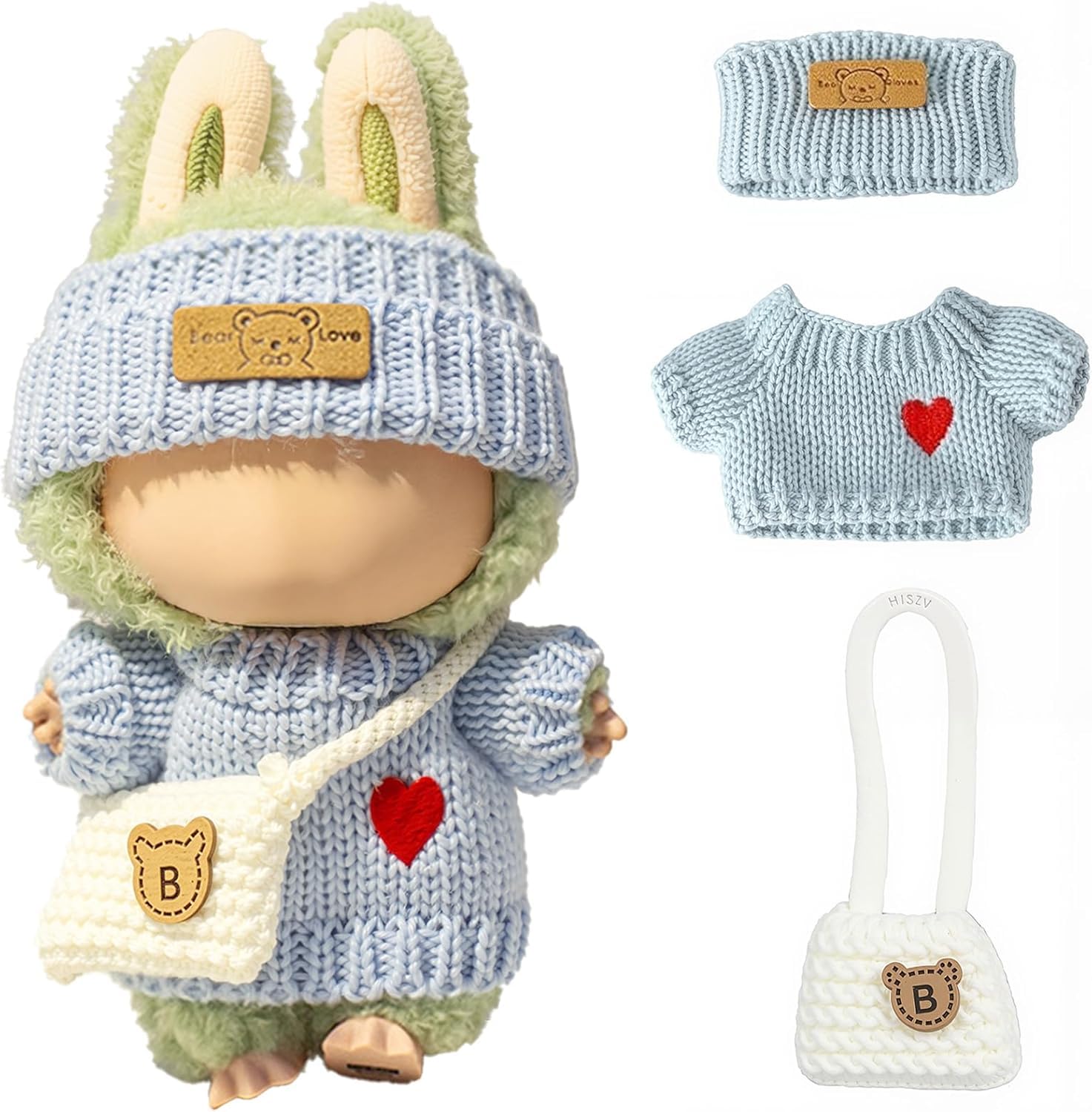 Clothes for Labubu 17cm Doll Handmade Crochet 3-Piece Set (Heart Sweater + Hat + Bag) - Cute Outfits for Dressing Up, Unique Style - Doll Not Included (Style 2)