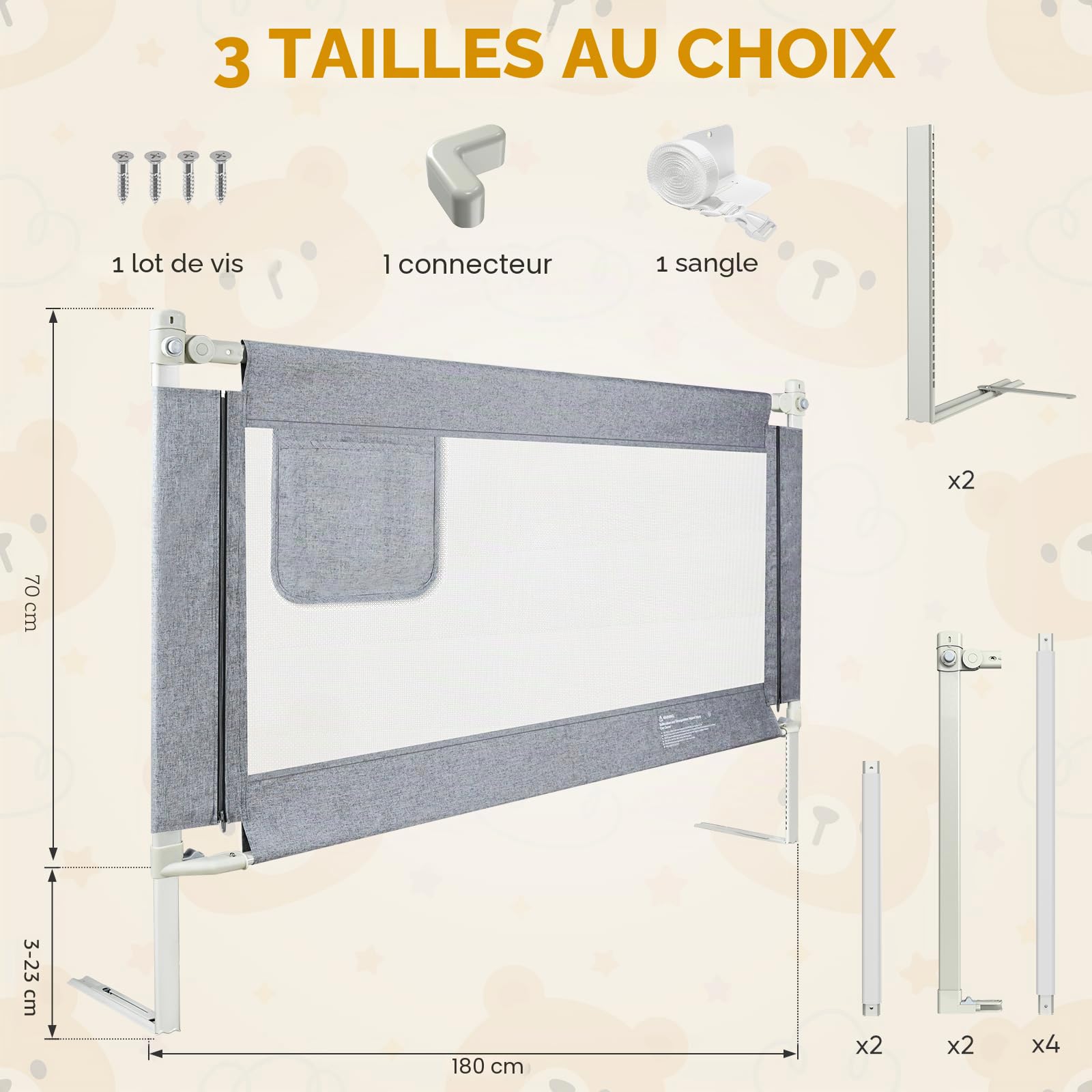 Barrière de lit pour enfant et bébé, 180 cm, protection anti-chute, avec fonction de levage vertical et protection contre les chutes, système d'ancrage renforcé, lit à sommier tapissier