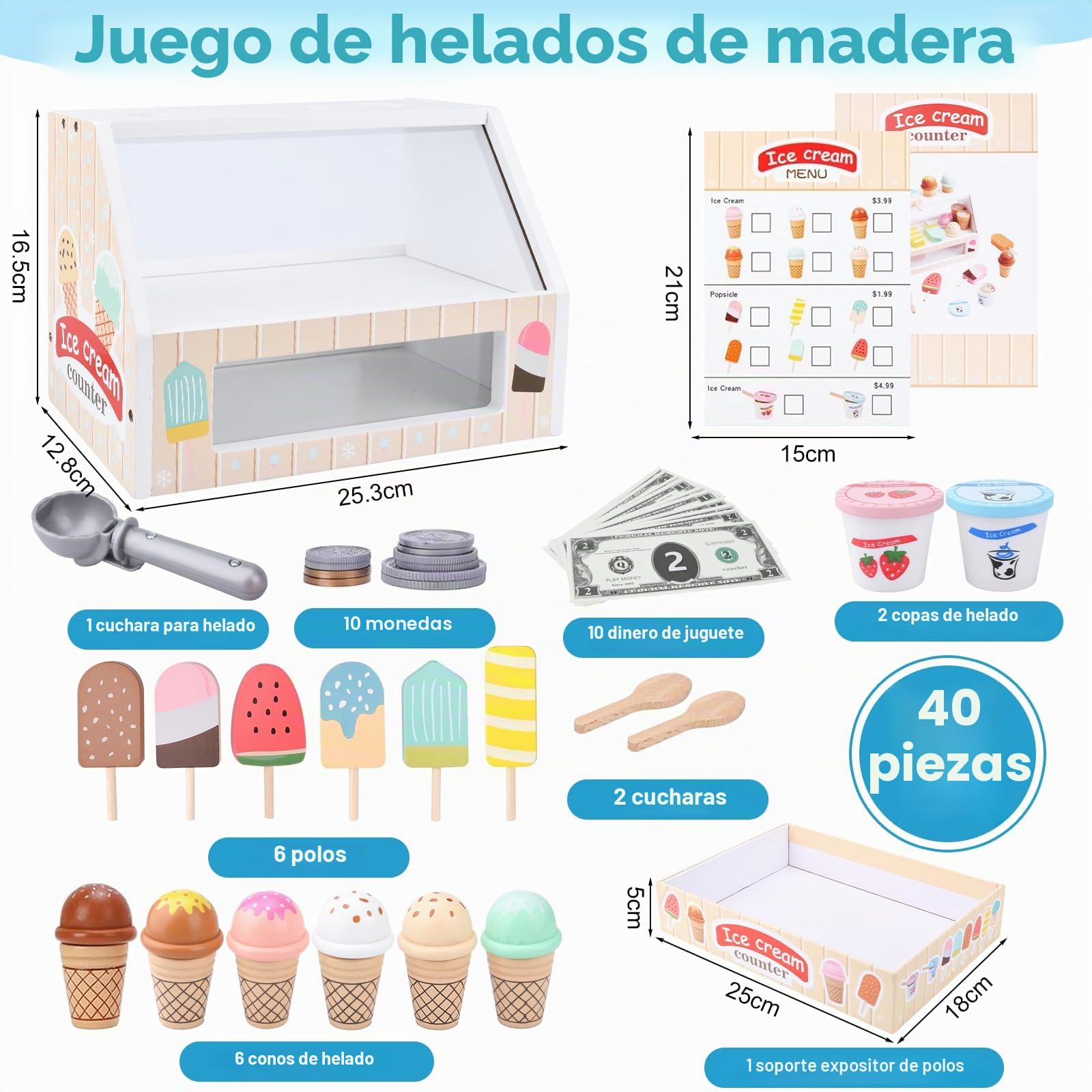 Heladeria Juguete,Juguete de Helado,Tienda de Helados con Conos,Tienda de Helados Accesorios de Cocina,Helados Madera Juguete Juego Educativos Regalo para Niñas Niños 3 4 5 6 años