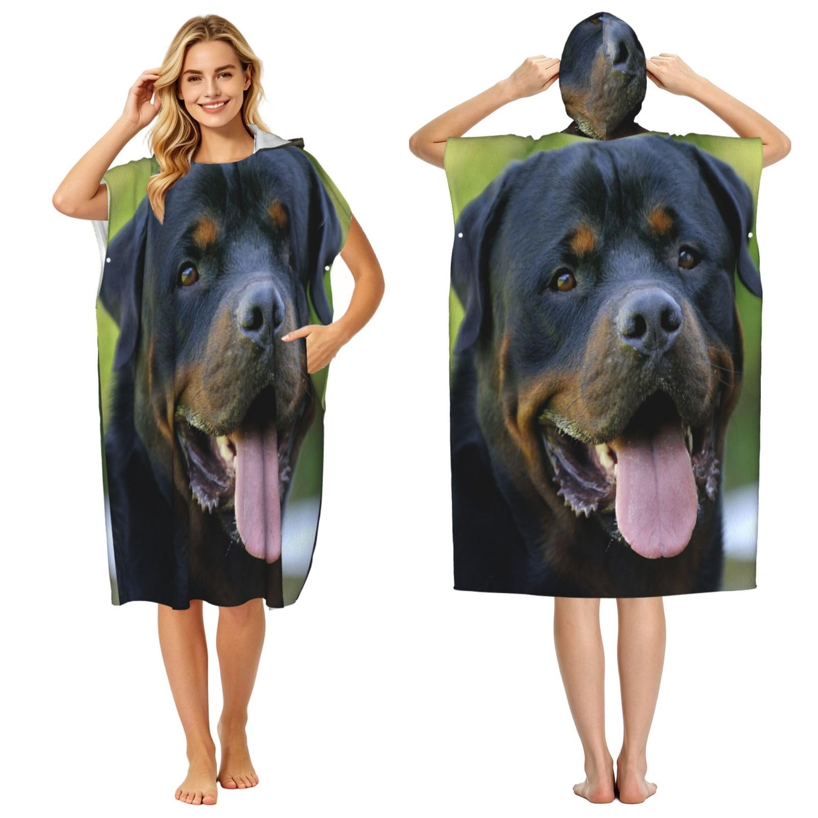 Poadnly Rottweiler Dog, Adult Hooded Beach Towel 90 x 110 cm,Changing Bath Robe, Surf Poncho Towel For Women Men