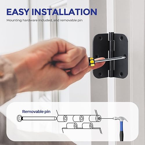 Miniatura 6 de Ravinte Paquete de 6 bisagras de puerta negro mate de 3.5 x 3.5 pulgadas, controles de hardware de puerta redondeadas de 58 pulgadas, bisagras de